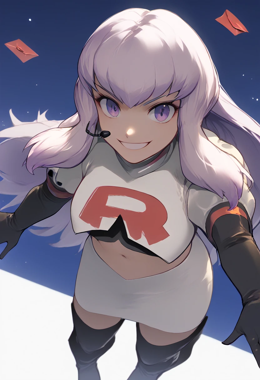 Team rocket, team rocket uniform, red letter R, white skirt,white crop top,black thigh-high boots, black elbow gloves, evil smile, night sky background, headset, large breasts, high-heeled boots, Lysithea Von Ordelia, white hair