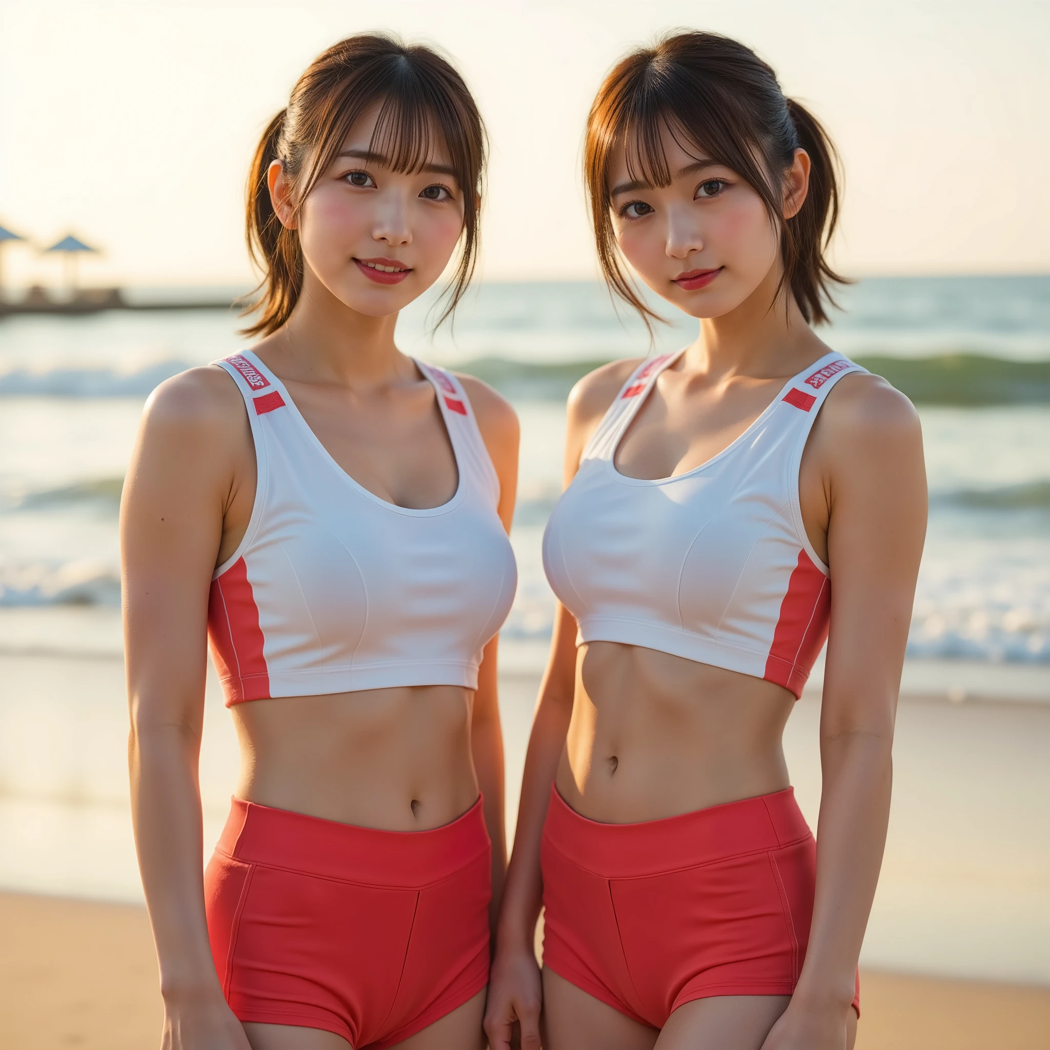 『2 girls nude:1.3』『 REAL PHOTO:1.3』 top quality:1.2、(( Big Breasts ))、 show slight cleavage 、(( young woman))、(( has red cheeks))(( I'm smiling by showing my teeth ))、((( anatomically correct、 perfect anatomy、 anatomically correct指)))、( plump body)、
( Two Beautiful Japanese Female Volunteers , 28 years old, Wear White Tight Lightweight Synthetic Volleyball Jerseys, Red Spandex Shorts , Ankle support and knee pads, Join 'Ocean Protection' , At sunrise on the beach, thoughtful expression, kind smiles, Dimpled chin, Cute Teeth Alignment , short hair ponytail , Symmetrical face, beautiful detailed face , beautiful detailed eyes, perfect body proportions, Ample round breasts, Photorealistic, hyperrealism, high contrast from the front of the light, , Realistic Skin Texture , best image quality, top-quality, super high resolution, Details, Very Carefully , Masterpiece , Head to Knee, High angle shot, Bokeh Background) # World Oceans Day