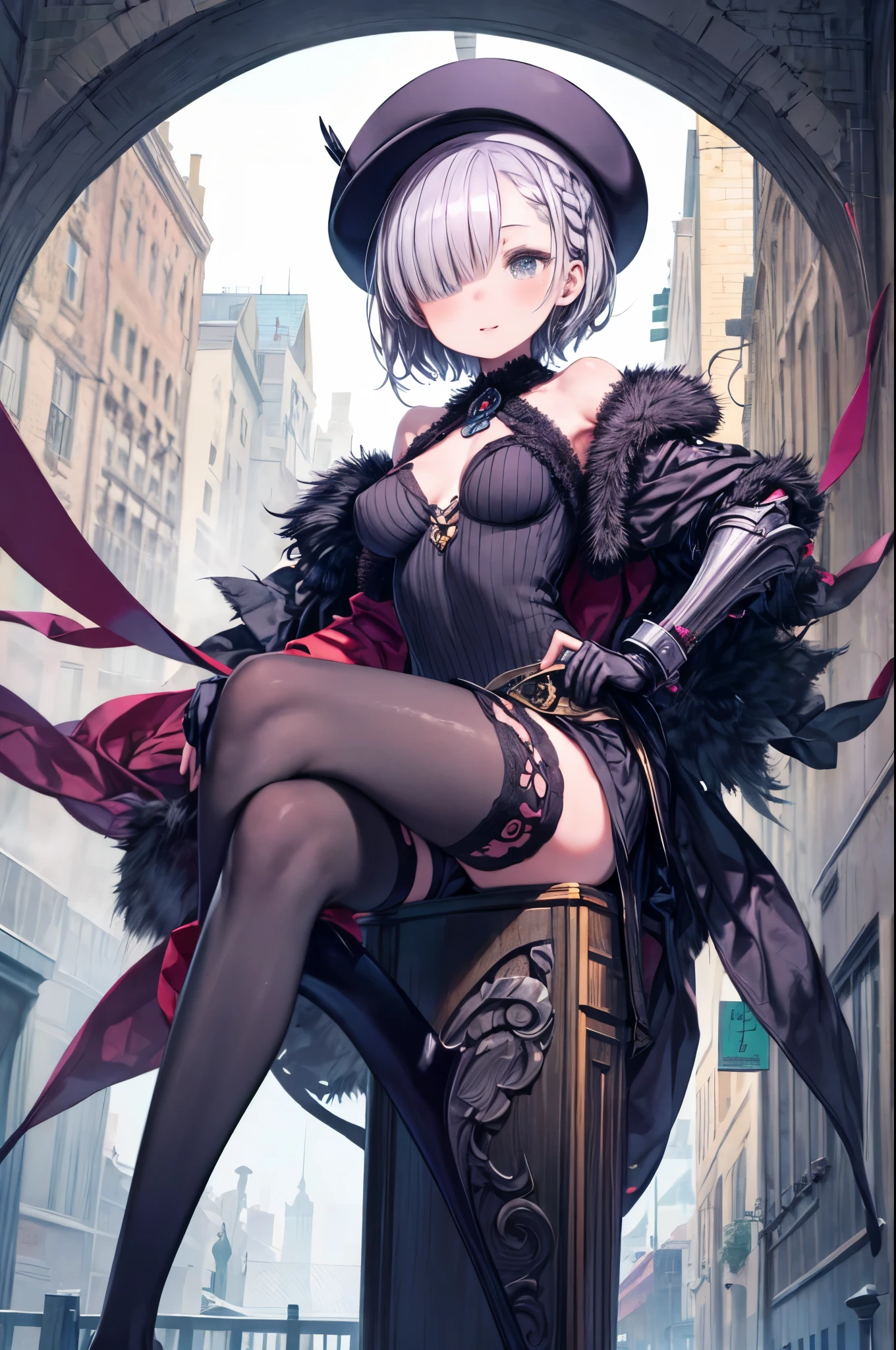 fantasy, 1girl,_teen,lver_hair, short_hair, long_bangs, bare_shoulder,thighhighs,silver_armor, waist_armor, large_breasts,half_eyes,floating, bare_crotch, headgear,gauntlet, greaves,city_background,slightly_spread_legs, solo, groin_naked,hair_over_one_eye,rise_knee,rise_leg,