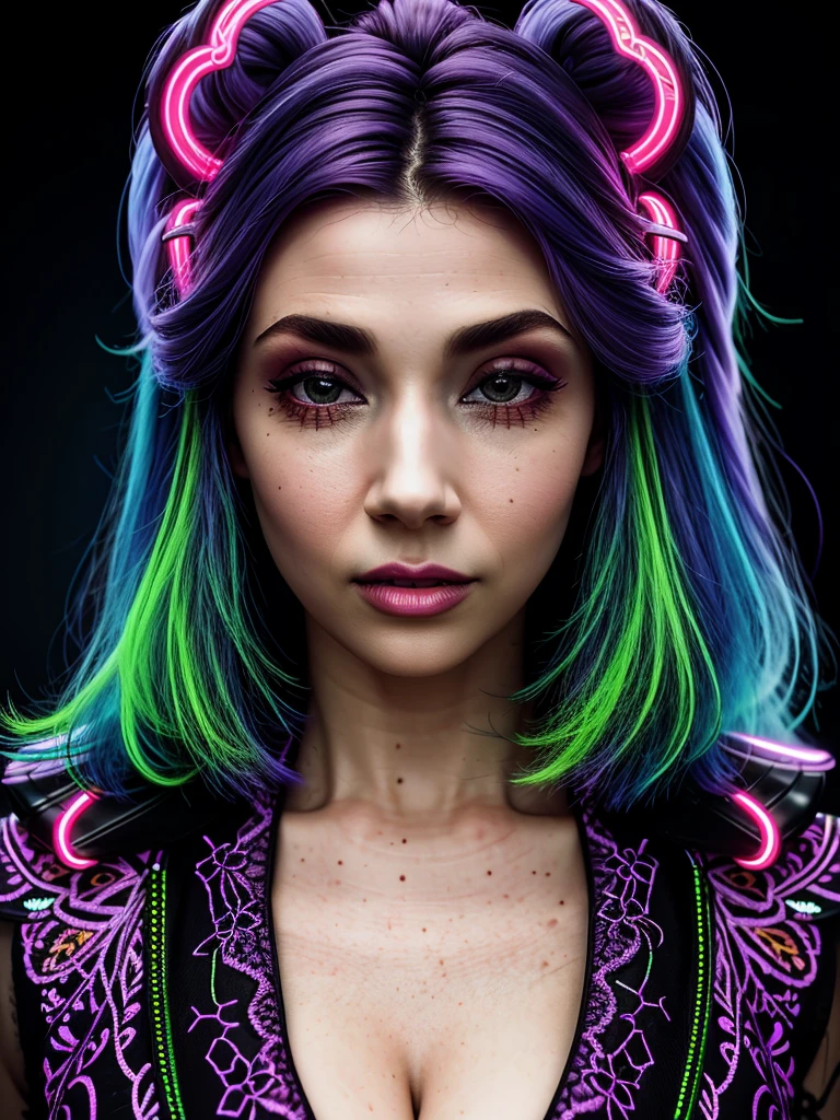 a woman in a colorful neon-lit fashion portrait, beautiful detailed eyes, beautiful detailed lips, long eyelashes, intricate hairstyle, vibrant neon colors, dramatic lighting, high fashion outfit, cinematic composition, photorealistic, 8K, hyper detailed, masterpiece, tara.tainton 