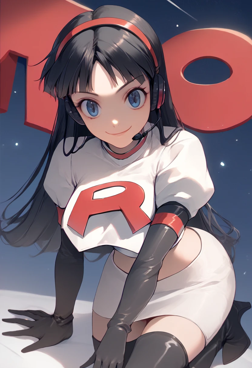 Team rocket, team rocket uniform, red letter R, white skirt,white crop top,black thigh-high boots, black elbow gloves, evil smile, night sky background, headset, large breasts, high-heeled boots, Yukiko Amagi, black hair