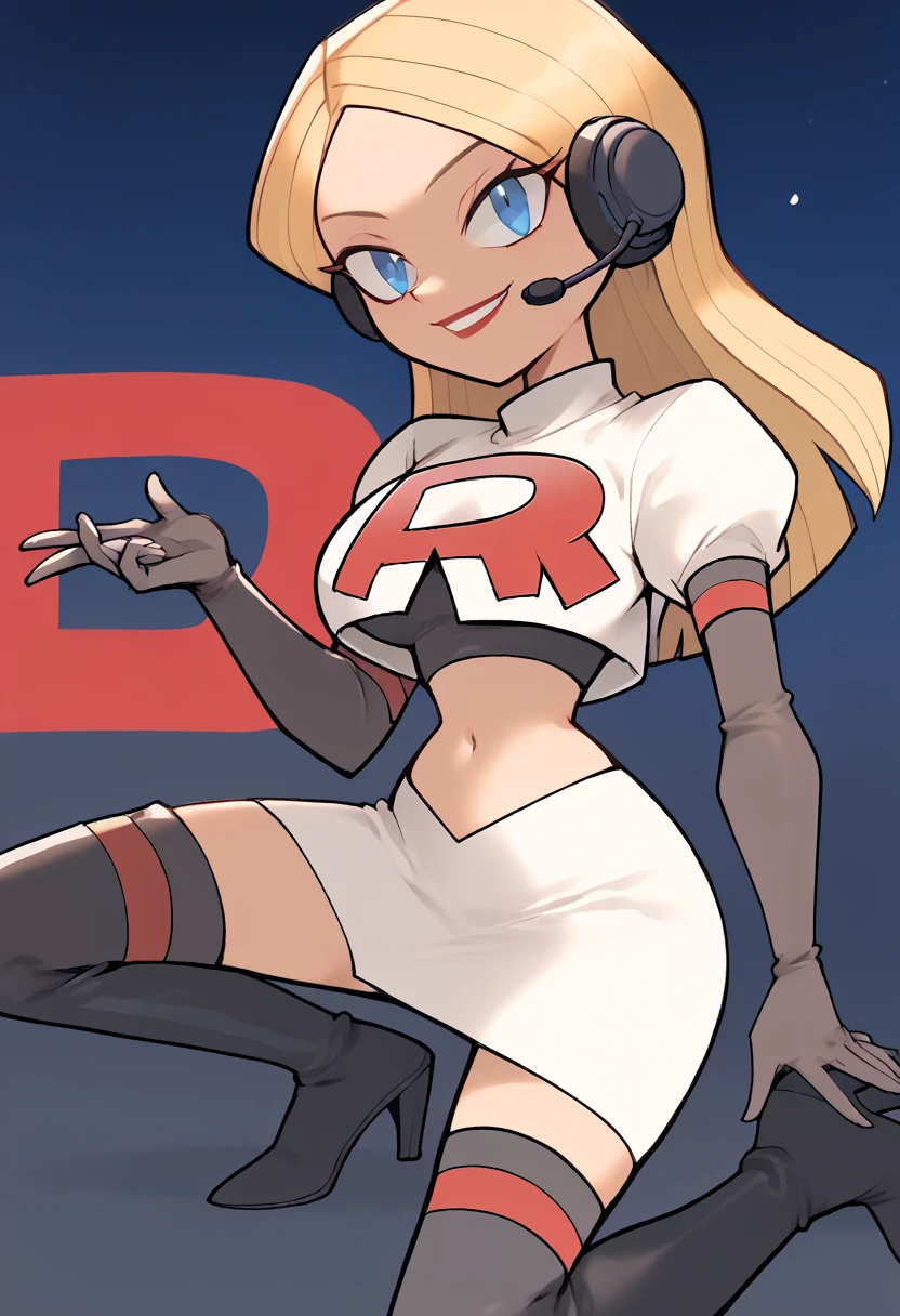 Team rocket, team rocket uniform, red letter R, white skirt,white crop top,black thigh-high boots, black elbow gloves, evil smile, night sky background, headset, large breasts, high-heeled boots, Julia_Total_Drama, blonde hair,