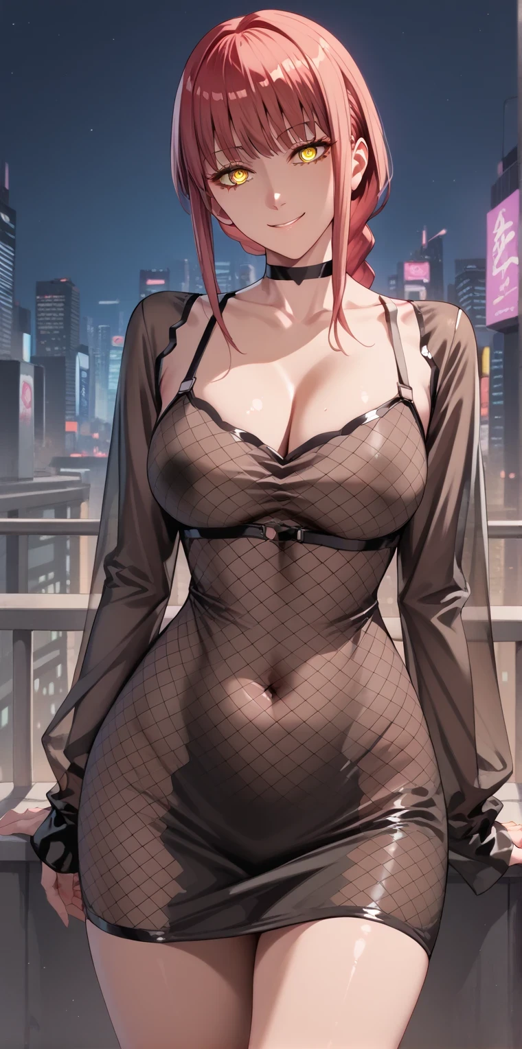  Makima, 1girl, solo, long hair, breasts, smile, bangs, large breasts,yellow eyes, braid, sidelocks, red hair, braided ponytail, ringed eyes, ruanyi1038,black dress,fishnets dress,long sleeves,see-through,short dress, city, night, cyberpunk, outdoors, standing, seductive smile, Shiny eyes, 