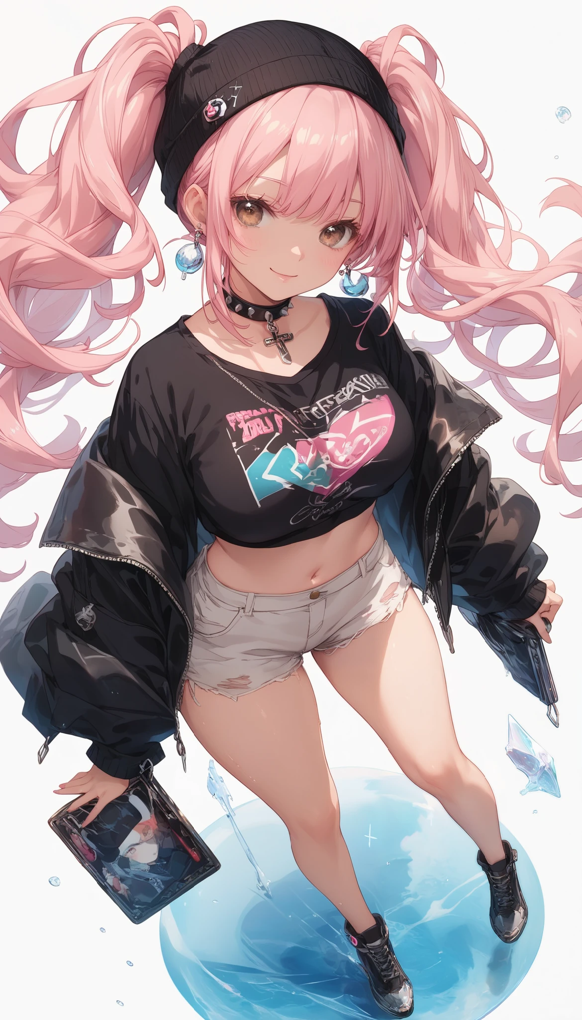 ((full body)) A cheerful anime girl with long, pastel pink hair styled in twin tails, accessorized with a small black beanie and delicate cross earrings. add light on face to highlight. She’s wearing a cropped black sweater with metallic buttons and a layered white undershirt, with a studded choker around her neck. Her warm brown eyes add a friendly touch as she stands in a vibrant,in the white background.