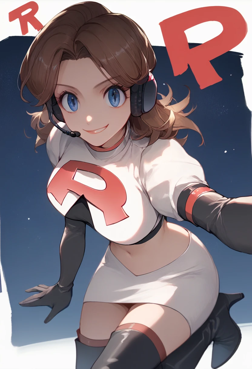 Team rocket, team rocket uniform, red letter R, white skirt,white crop top,black thigh-high boots, black elbow gloves, evil smile, night sky background, headset, large breasts, high-heeled boots, Kotone Shiomi, brown hair