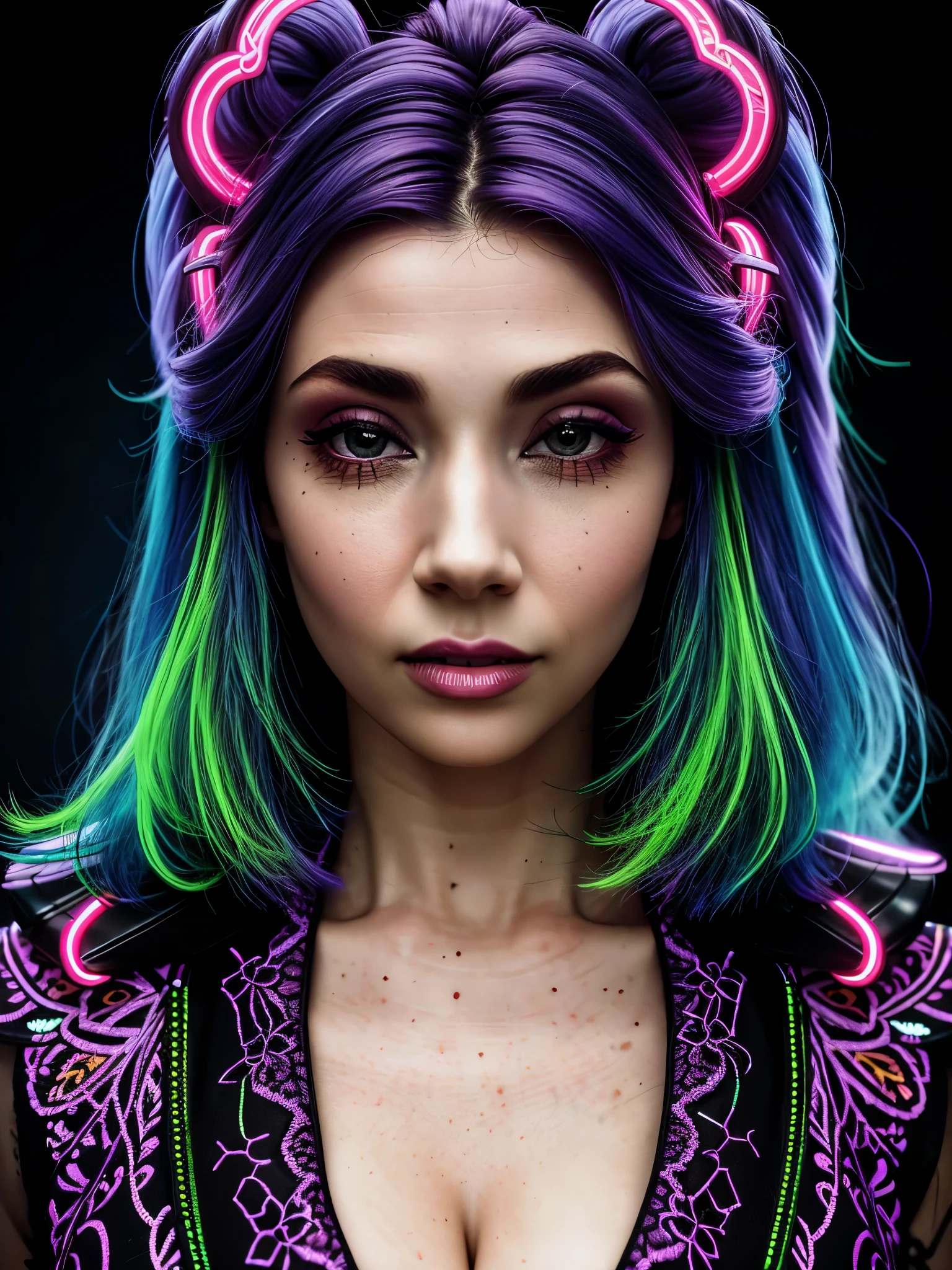 a woman in a colorful neon-lit fashion portrait, beautiful detailed eyes, beautiful detailed lips, long eyelashes, intricate hairstyle, vibrant neon colors, dramatic lighting, high fashion outfit, cinematic composition, photorealistic, 8K, hyper detailed, masterpiece, tara.tainton 