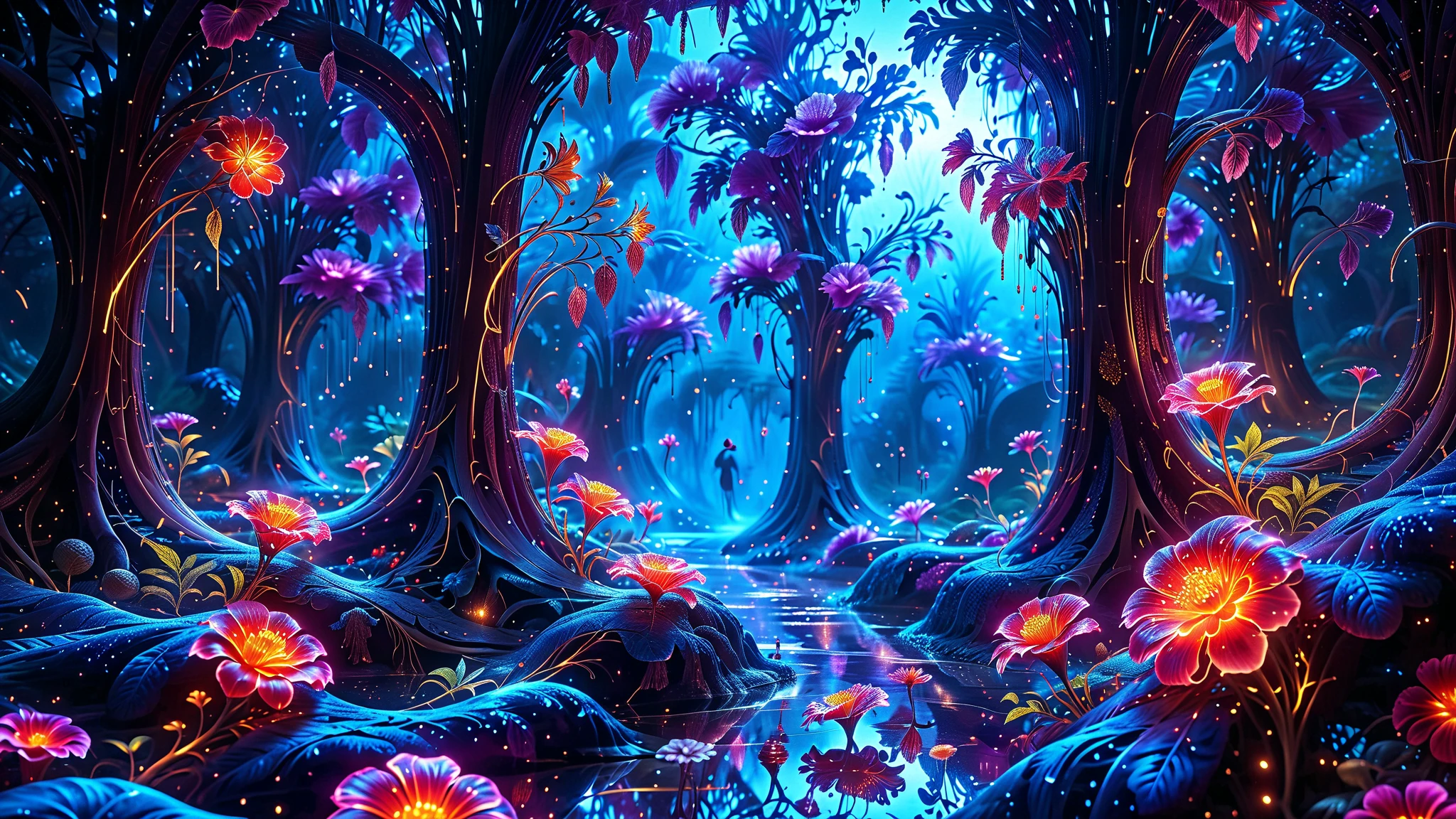 Supreme Quality, Super Detail, Official Art, Very High-Resolution 32K Wallpaper, Beautiful And Aesthetic, Ultra-Detailed Features, Awe-Inspiring Detail. A Surreal And Exotic Landscape Unfolds With Stunning Beauty In Every Corner, Vibrant And Filled With Color. The Scene Features A Mesmerizing Array Of Alien Flowers In Unique Shapes And Sizes, Alongside An Abundance Of Luscious, Otherworldly Fruits. Presented In Ultra-High Definition (4K Or 8K Resolution), Every Detail Is Captured With Precision And Clarity. The Image Boasts Extreme Realism, Providing An Immersive Experience That Transports The Viewer Into This Strange And Magical World. This Masterpiece Blends Illustration Techniques With Advanced 3D Rendering To Create A Breathtaking Visual Composition. The Bright, Vivid Colors Enhance The Surreal Quality Of The Environment, While Intricate Lighting Design Adds Depth And Texture, Showcasing Dynamic Shifts In Light And Shadow. This Piece Evokes Wonder And Curiosity, Drawing The Viewer Into An Extraordinary Realm Where Nature's Beauty Takes On An Entirely New And Awe-Inspiring Form.