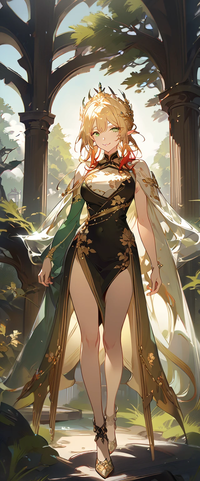 masterpiece, best quality, 8k ,4k , (1girl), (elf queen), (blond with red gradient hair), (green eyes), (big chest), (gold wreath crown), hair ornament, finely detailed eyes and detailed face, looking at viewer, white sleeveless, Lace dress, patterned clothes, gold embroidery clothes, meticulous clothes, mature clothes, transparent cape with lace, majestic looks, smiling gently, small bird, full body, big tree background, inspired by Asukaziye artist : ask, art style : ask