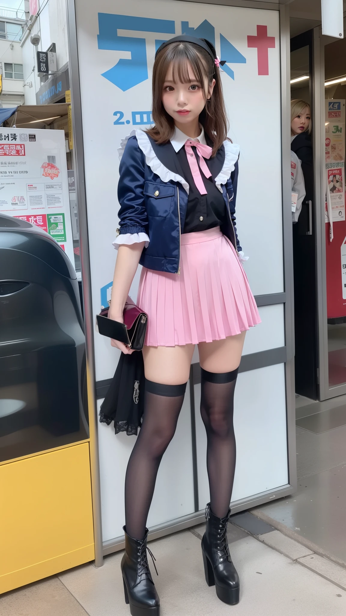 Costume like a idol, blue and white half sleeve Jacket, pink satin ruffled blouse, White and pink stripe pleated skirt, white lace up boots