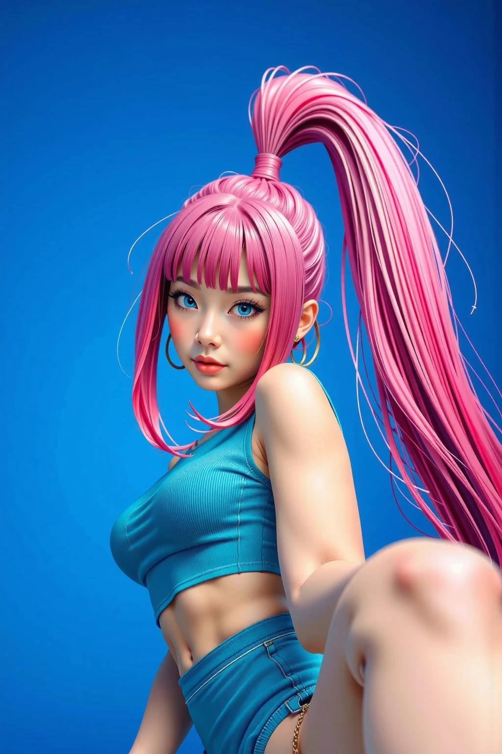 Ultra HD wallpaper, extreme detail, (realistic: 1.2), ((best quality)), ((ultra-detailed), (cute detailed face:1.2), {{highly detailed face}}, beautiful and aesthetic, 1girl, (masterpiece: 1.4), light and shadow, strong edge light, strong shadow, SIGMA 35mm F1.4, ISO 200 shutter speed 2000, Photorealism, {photorealistic}, photogenic, Illustration, Girl, detailed manga illustration, fine, high resolution, life-life portrait, mature sexy woman, smiling at the camera, confident, height 170cm, ((beautiful detail lighting))), detailed face depiction, Beautiful detailed eyes, full body photo, white background, hair coiled, pure dark blue hair, black eyes, pink tights sexy t shirt, big breasts, half exposed breasts, hot figure, dark red denim shorts, black thick belt