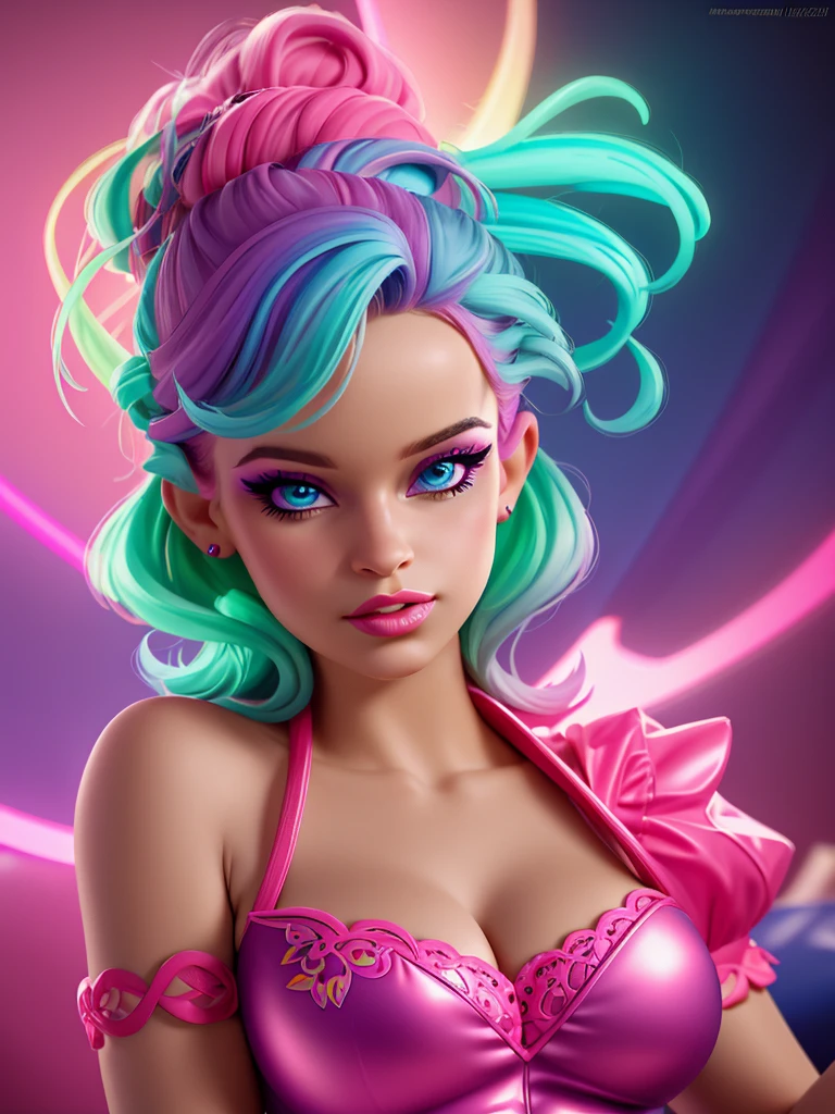 a woman in a colorful neon-lit fashion portrait, beautiful detailed eyes, beautiful detailed lips, long eyelashes, intricate hairstyle, vibrant neon colors, dramatic lighting, high fashion outfit, cinematic composition, photorealistic, 8K, hyper detailed, masterpiece, renatadaninsky