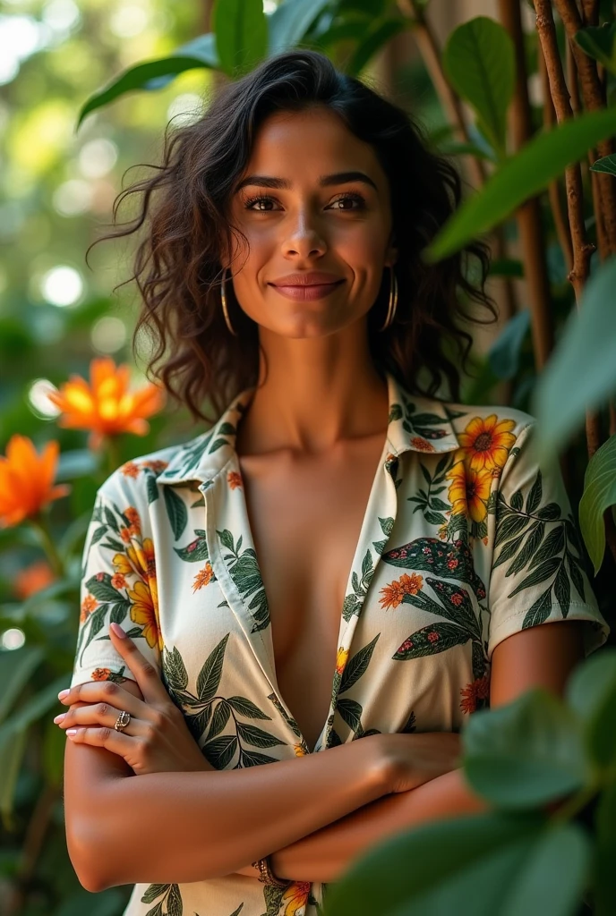 A Brazilian woman in a lush tropical garden, wearing an open shirt with a floral print, with a close-up capturing the harmonious beauty between her breasts and the natural flowers, showing off your natural charm and outgoing personality.