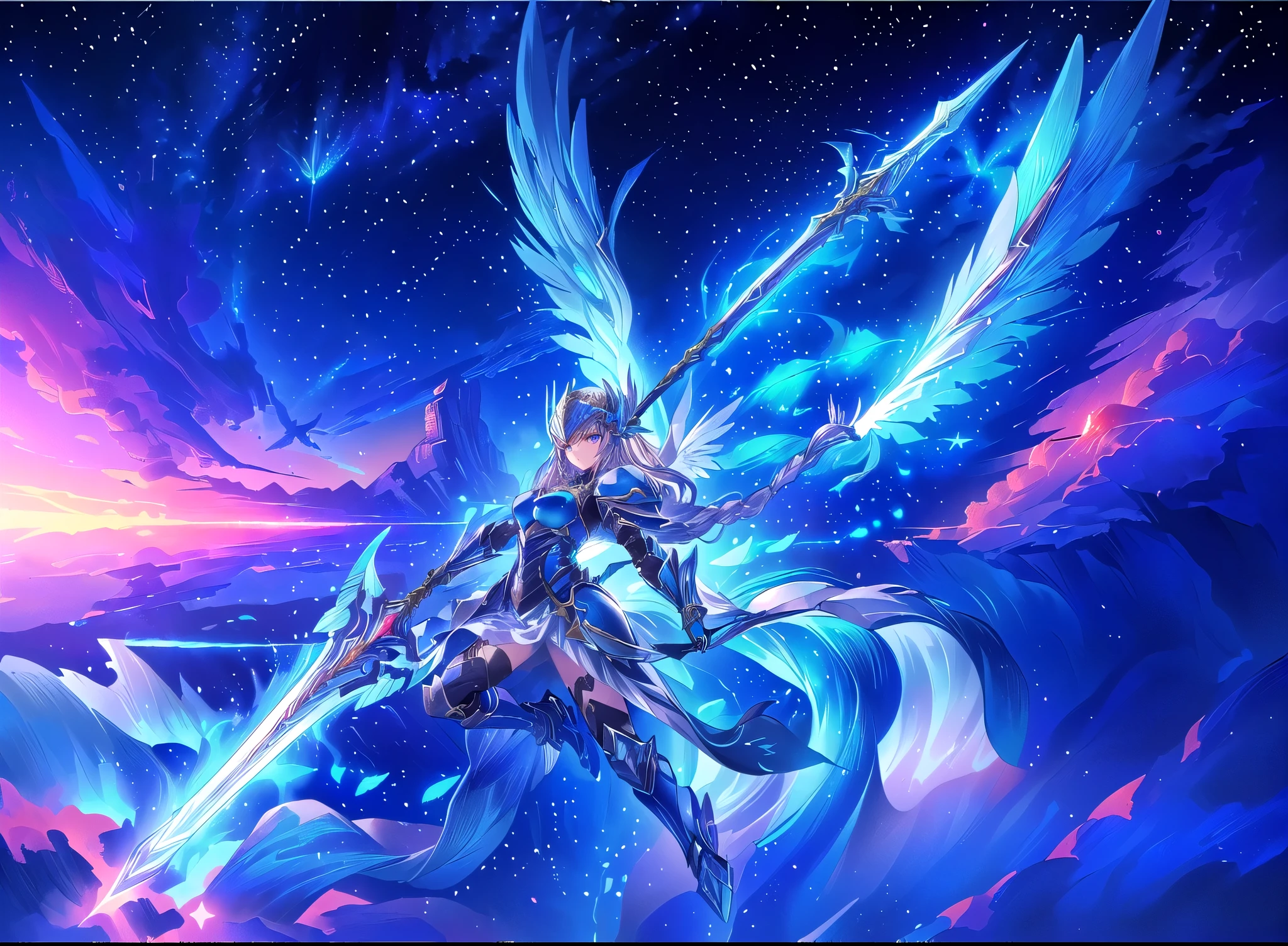 Archangel, Legendary God Holds a Spear ,Renesse floats in the sky and throws a spear (solo:1.5 ),Maxi Kit, break,whole body, score_9, score_8_Excellent, score_7_Excellent, A 32K ,((Highly detailed CG integration), (( super real , Dynamic action poses with vivid 3D )),,( super detailedなアート),( Amazing Art Depiction ,Overwhelming depiction:1.5),(Detailed and elaborate fantasy art ) detailed face ,(( dark blue eyes:1.4, Round Eyes, clear eyes, detailed eyes on board, beautiful eyelashes)), hair with dazzling highlights , braided hair,Grey Hair, beautiful skin ,Shiny blue armor ,Detailed Decorative Blue Armor , armored dress , ( silver helmet with red gemstones 1.5),(Blue Armor 1 with No Exposed Skin .3),Blue shoulder brace , blue gauntlets, blue lower back armor 、 white skirt, blue shin guard ,blue long boots, The center of the belly is made of leather and color 、Sheath on the left waist , (holding ( Giant Silver Spear :1.5)),(( dramatic graphic background : starry sky , beautifully detailed backgrounds ,Star Background,Night Sky)), ,((Energy Wings :1.3),(flight:1.5) scattered blue feathers、(( top quality)),( super high resolution),( super detailed)