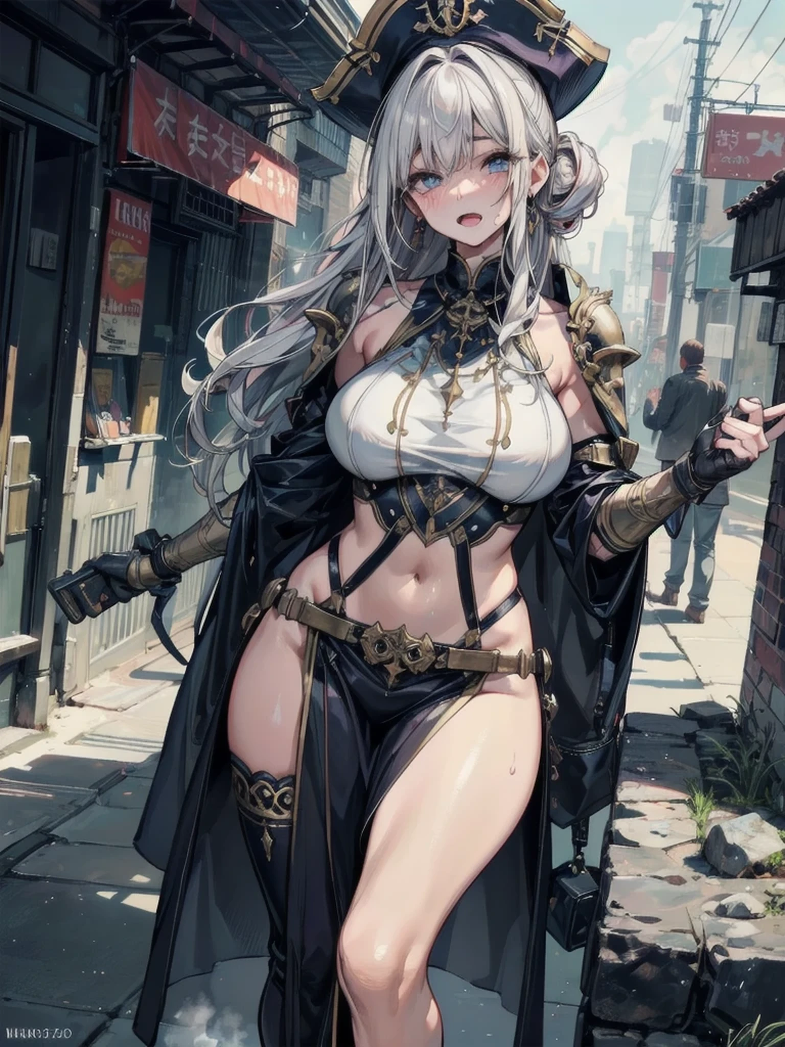 ((best quality)), ((masterpiece)), (detailed), 1 women pornstar elf dark knight, 8k_wallpaper, extremely detailed eyes, (large masterpiece digital art), (intricate details:1.3 ), (ultra-detailed:1.3), (sharp focus:1.3), (natural lighting:1.05), (vivid colors:1.3), (best quality:1.4), high quality, expressive eyes, full body, detailed face, beautiful face, perfect face, ((hair sandy white curls)), ((dark silver horns)), (gold eyes), {{gray blue skin}}, ({gray blue skinned female}), big breasts, huge chest, powerful relief muscles of the abdomen and legs, powerful strong muscles of the arms, abdominal piercings, cruel predatory and cold-blooded arrogant look, a predatory smile with many fangs, open kimono of yellow and wine silk, white croptop with transparent wet cloth, under the clothes the clear outlines of large pointed nipples with piercings in the form of crosses appear, orange wide belt with large gold yarn, torn leather pants, the outlines of a wet vagina are clearly visible, walking along the road between the houses of a destroyed village, dark cruel fantasy style,