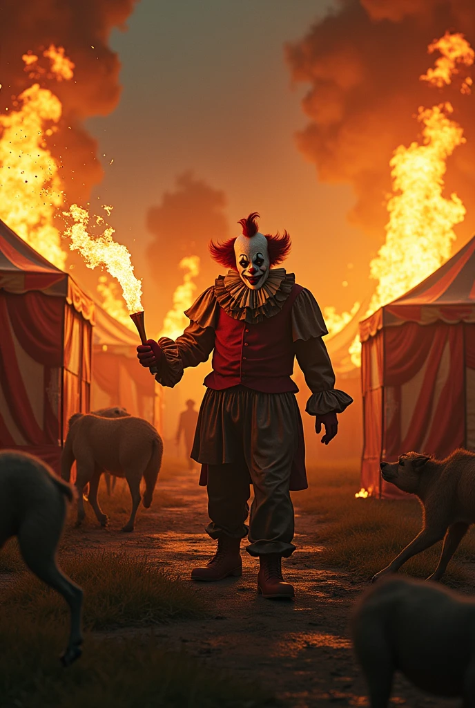 Malevolent Circus Tricks An image showcasing an evil clown performing twisted and dangerous tricks, such as juggling flaming objects or walking on a tightrope suspended over a pit of darkness, Ultra realism, color field printing, high detail, UHD, 8k, anatomically correct, cinematic lighting 4d quality --auto