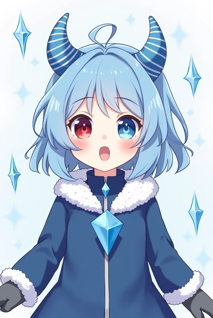 A ,,cheerful,innocent, She has sky blue hair, her left eye is blood red, her right eye is sky blue, she has horns and the drawing lines are cyan while the horns themselves are white, She is wearing an indigo blue outfit, Neck/Wrist/Bottom of the outfit There is white fluffy on the side, he is wearing gray gloves, there is a crystal-shaped ice blue symbol in the middle of the zipper of his outfit.she have a frost aura and she princess of blood demons
