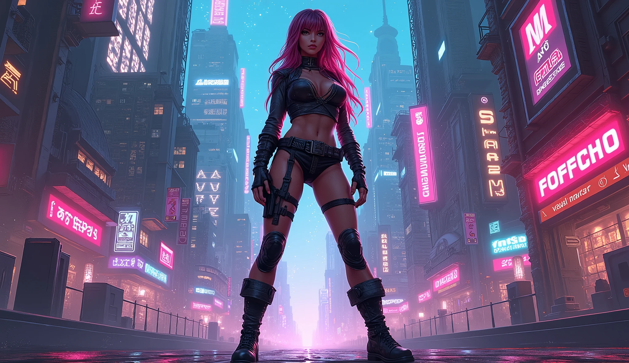 beautiful cyberpunk vampire. night, neon, volumetric light, high dynamic range