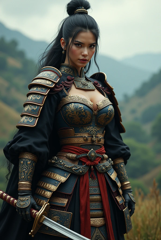 A very attractive samurai in armor and with extremely large voluptuous ...