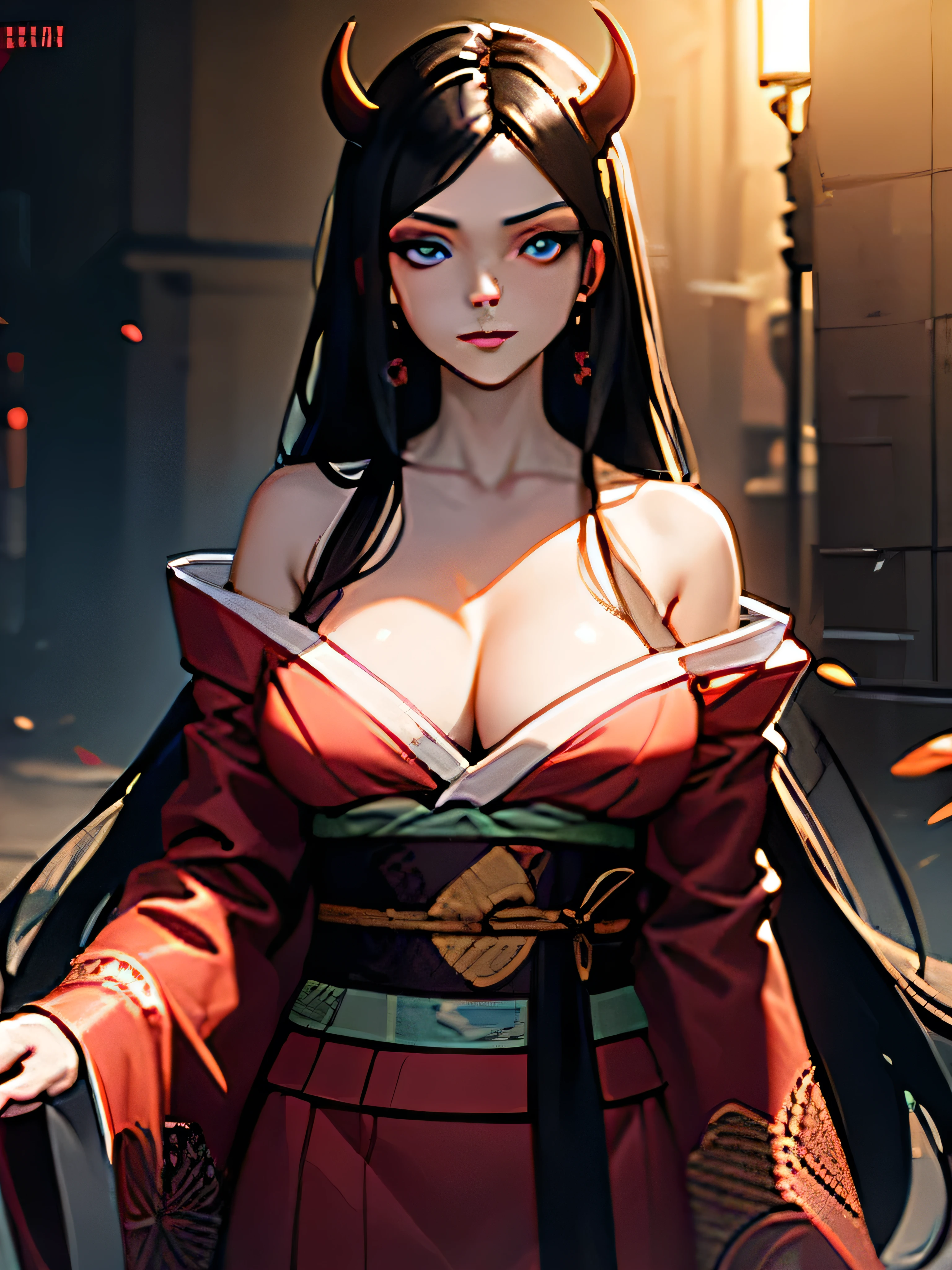 beautiful detailed woman with long black hair, blue eyes, large bust, wearing an open red kimono, holding a fan, demon oni, anime style, intricate details, highly detailed, cinematic lighting, vibrant colors, dramatic composition, digital art, concept art, masterpiece