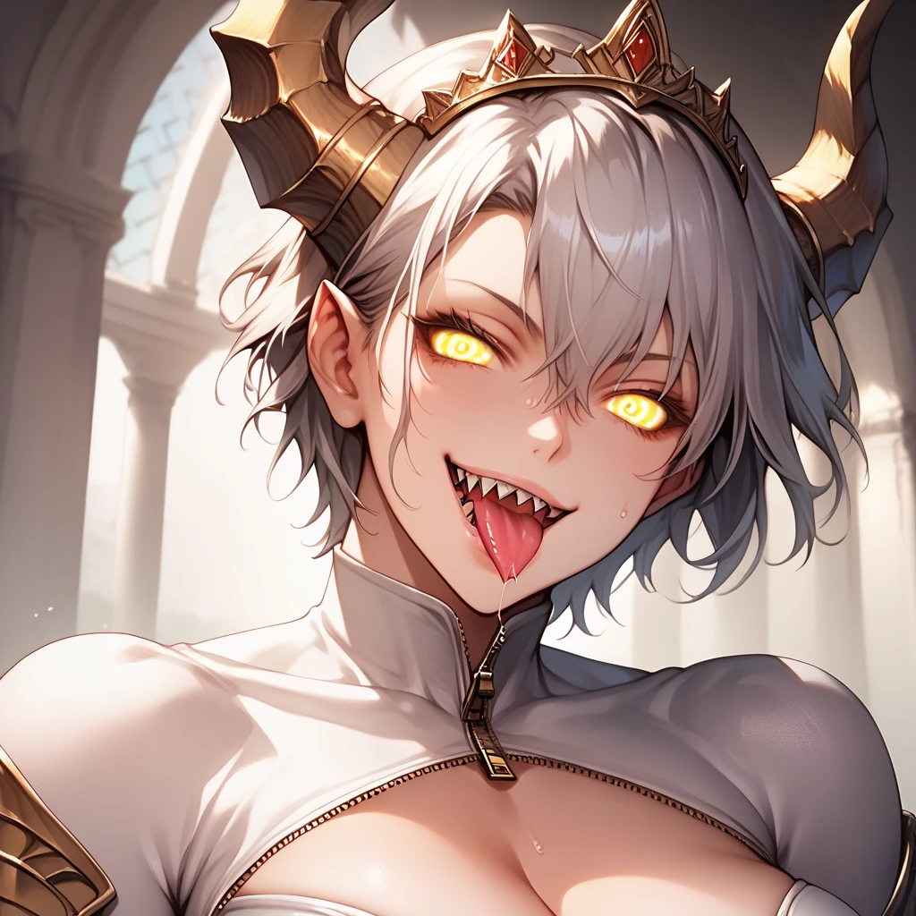 Masterpiece, (highly detailed CG illustration),silver short hair woman and black short hair woman,(looking at viewer),(muscle),dragon's horn,dragon's tale,yellow eyes,yandere,(large breast;1.24),perfect body,good Thigh,tiara,wearling White latex bodysuits with gold accent,zipper,cleavage,standing,half-closed eye,swirly eyes,drooling,sweaty,grin,tongue out,saliva,sharp teeth,palace's bedroom,(from below:1.1)