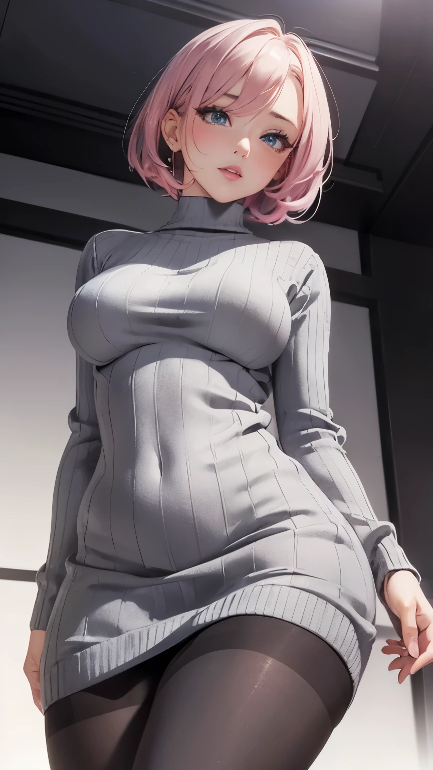 (((I want a woman alone, fair skin, Short Pink Hair, purple eyes, curvy body, thick lips, wearing a short white bodycon dress)))