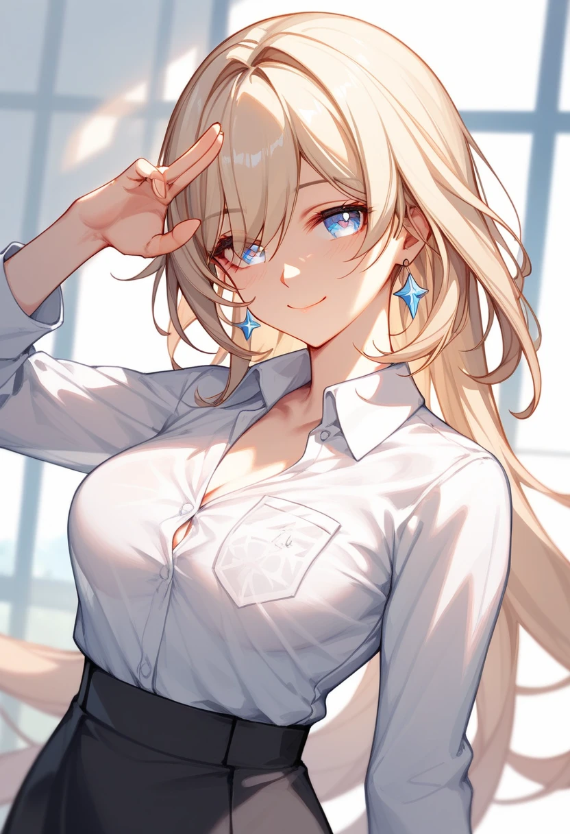 honkai star rail inspired 、25 year old woman、medium breasts、slender body、random pose,random expression、sexy Lip、random mouth,Translucent skin， the skin is fair 、Moist eyes、Gentle eyes、Gentle look, Alone, smile,close mouth,
BREAK
Business shirts、black Skirt、office、open eyes