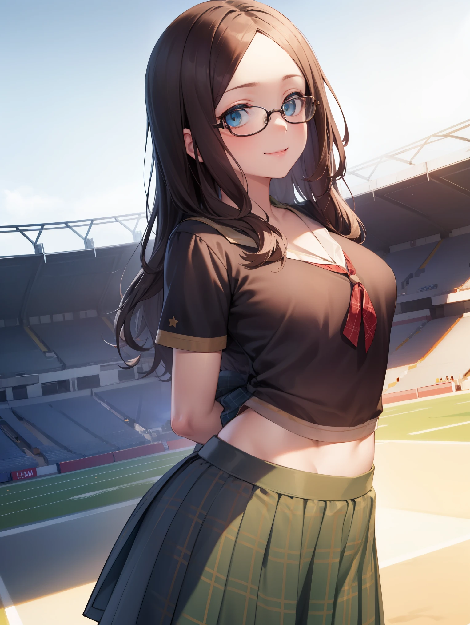 leonardodavinci, leonardo da vinci, blue eyes, brown hair, glasses, long hair, semi-rimless eyewear, under-rim eyewear,
BREAK (shirt, short sleeves, plaid skirt, green skirt:1.2),
BREAK ((sweet expression and sweet smile),(cheerful pose),(standing patient and calm)),((stadium backyard), (sunny day),(light-blue sky),(simple background),((Arms behind back:1.5)),
BREAK (masterpiece:1.2), best quality, high resolution, unity 8k wallpaper,NSFW ,(illustration:0.8), (beautiful detailed eyes:1.6), extremely detailed face, perfect lighting, extremely detailed CG, (perfect hands, perfect anatomy),