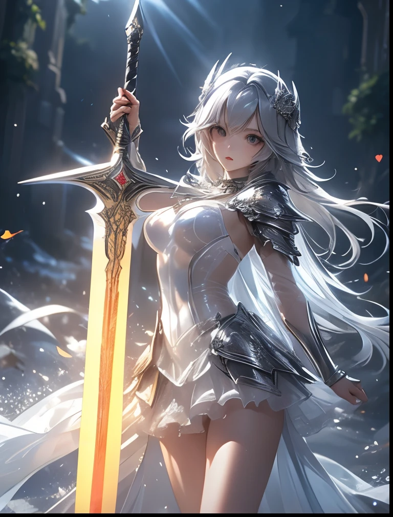 （（（ＳＦＷ、Precision、Highest quality、A first-class masterpiece、Normal body、8k、  Detailed Face 、Ultra-precision、 Normal hand、５refer to、Highest）））、 Silver Haired Paladin、transparent nipple see-through leotard holy armor、Skirt Armor、Holy Sword