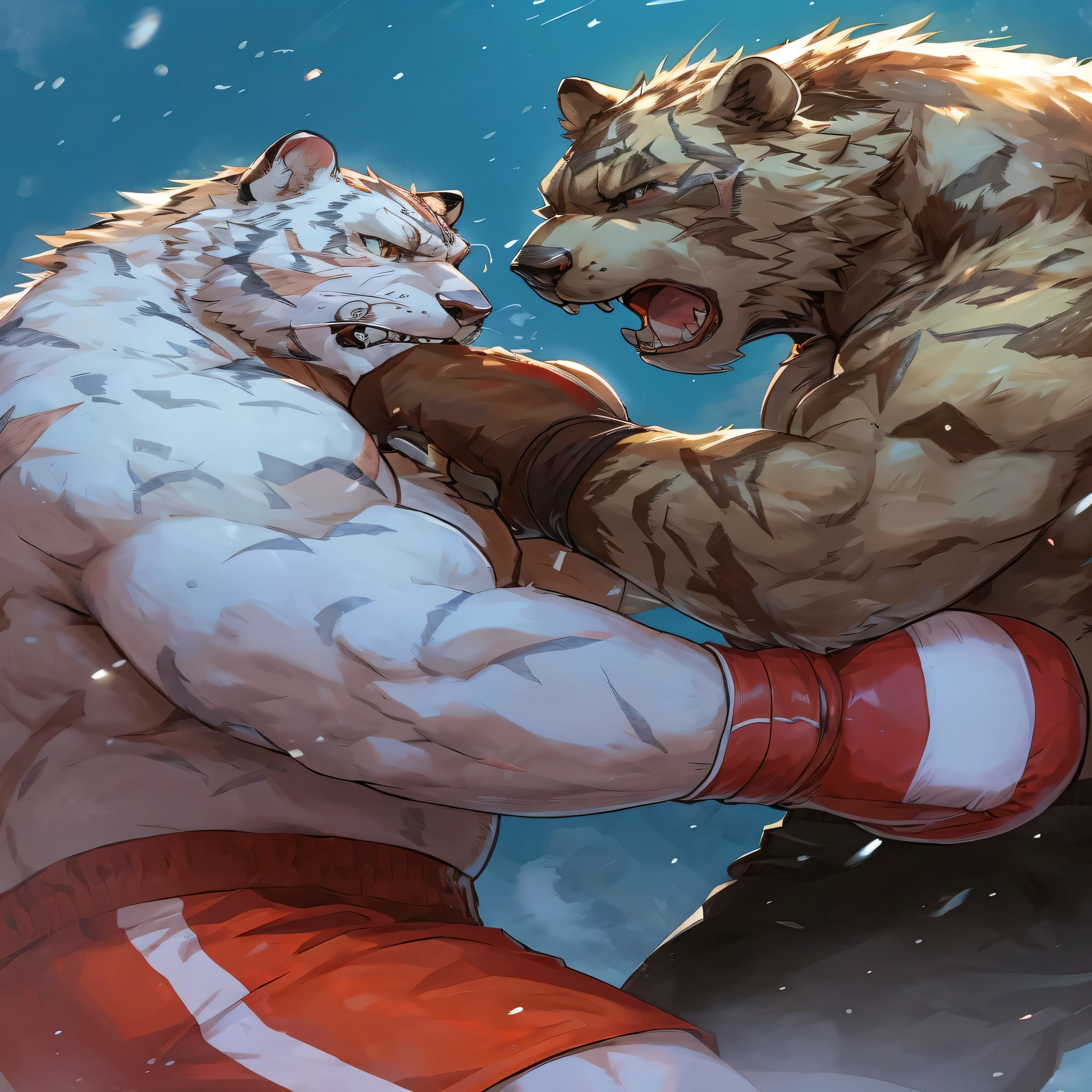 ((( boxing match,knockout、Lost Match、 tattered、groggy、Dirty body、 tired body and lots of sweat、swollen face、swollen and closed eyelid , drool ,nosebleed,swollen cheek after being hit)))((((A rugged, heavyweight big belly fat body  man with a round, chubby ,scars)))), (((wearing a boxing gloves ))), power-less environment, looking exhausted, surrounded by fluffy, furry garr with a blurred,boxing ring is background, highly detailed, high resolution, masterpiece quality image with dynamic lighting and vibrant colors, the man looks activated and disdainful, full body shot with a closed stance, in a comic book style, created by Takeuchi Arashi, ZIXiong, Chuni, and Ghost of the Sky, set in boxing ring background