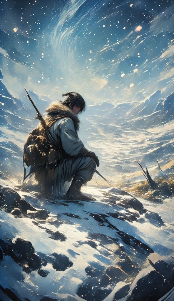 a prehistoric hunter in fur clothes, following mammoth tracks in the snow, he stands with his back to the camera with his spear, crouching9 looking at the mammoth tracks:1.5, detailed environment, realistic, photorealistic, photorealistic: 1.37, best quality, 4k, 8k, high resolution, masterpiece: 1.2 , ultra-detailed realistic snow texture, detailed snowscape, dramatic lighting, cinematic compositing, (best quality,4k,8K,high resolution,masterpiece:1.2), ultra detailed, sharp focus, (realistic,photorealistic,photo-realistic:1.37), dramatic lighting, moody lighting, cinematic lighting, chiaroscuro lighting, dramatic shadows, dramatic moments , vivid colors, intense colors, deep contrast, cinematic depth of field, cinematic composition, cinematic camera angle