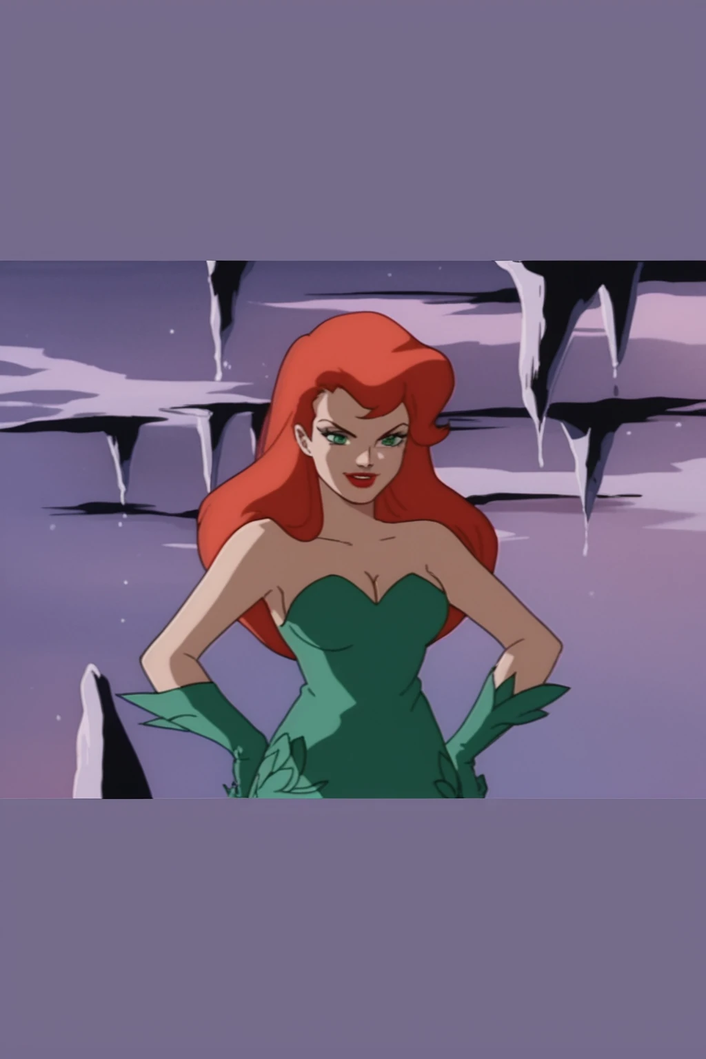 retro artstyle, 1980s (style), source_cartoon, score_9, score_8_up, score_7_up, score_6_up, score_5_up, score_4_up, BREAK, 1girl, poison ivy, red hair, green eyes, long hair, green dress, green gloves, red lipstick, smile, Huge breasts, cleavage