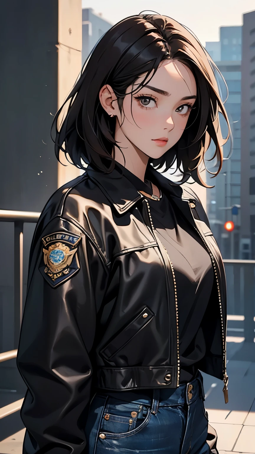 美しい女性モデルとしてのnatlpPortrait of画, Georgia Fowler, beautiful face, Short dark brown hair, Portrait of . She is wearing a leather jacket , black jeans , Dramatic lighting, (Police Badge:1.2)