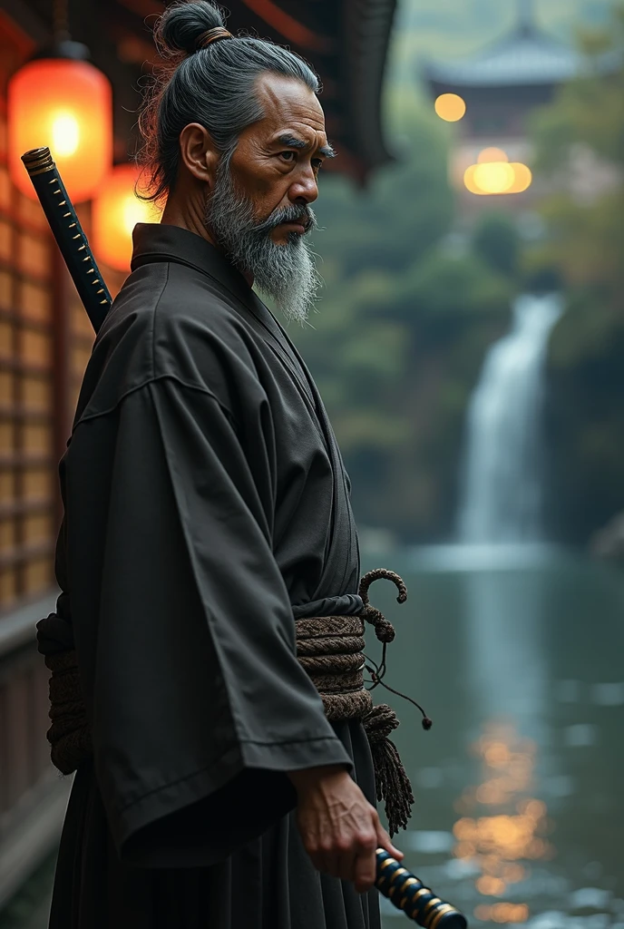 Black and white painting,、Ink Painting、historic, Shirtless老人, warrior,Wounded,Shirtless, Japanese sword, Long white hair, Long white beard，warrior,Grandpa, burst，Kneeling，Seppuku suicide,Sitting on the still water,Spiegel stops water,Shading techniques unique to sumi-e,highlighting his intense focus and determination,
