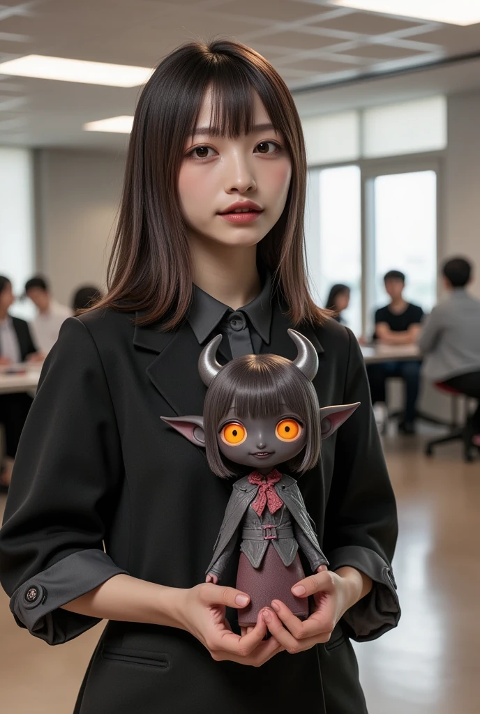 ultra-realistic, photorealistic, dramatic scene, shadow, global-illumination, solo, 25 years old very beautiful Japanese woman, very beautiful but boyish cool face, wearing an office worker's outfit, she is working at her desk in the stylish office, She is holding a very realistic figure of cute Chibi-anime-devil-black-girl, the cute figure of chibi-anime-devil-black-girl that she is holding is 1girl\(dark black devil,very cute,big eyes,large circle eyes,black skin,evil smile,orange eyes, vivid orange eyes, dark black skin, looking down,wearing a cute Tyrolean-style capelet\(big,long,Tattered\), full body\), there are many office workers at their desks in a vast office, She smiles with her eyes narrowed