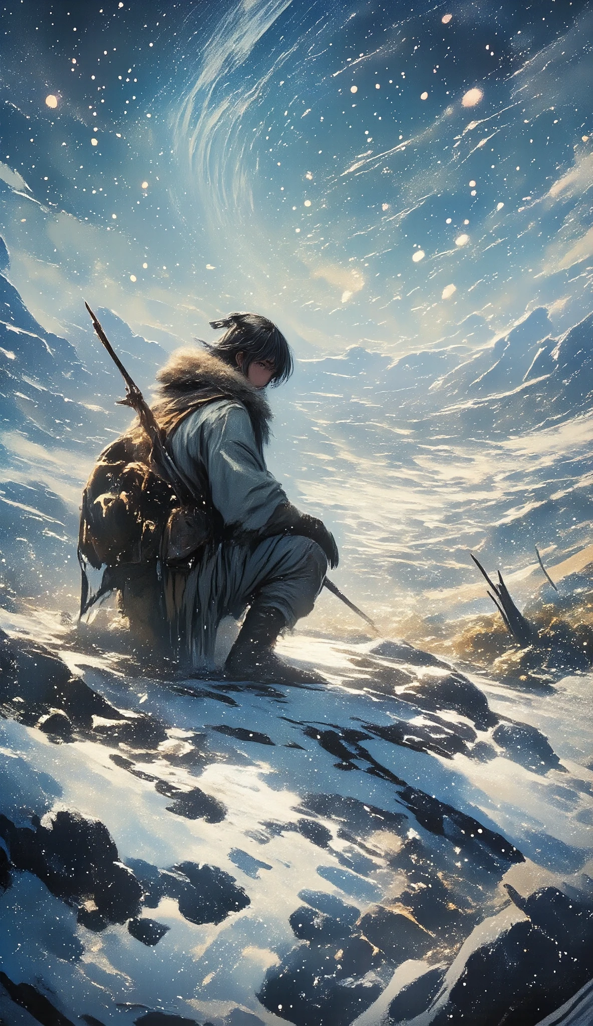 a prehistoric hunter in fur clothes, following mammoth tracks in the snow, he stands with his back to the camera with his spear, crouching9 looking at the mammoth tracks:1.5, detailed environment, realistic, photorealistic, photorealistic: 1.37, best quality, 4k, 8k, high resolution, masterpiece: 1.2 , ultra-detailed realistic snow texture, detailed snowscape, dramatic lighting, cinematic compositing, (best quality,4k,8K,high resolution,masterpiece:1.2), ultra detailed, sharp focus, (realistic,photorealistic,photo-realistic:1.37), dramatic lighting, moody lighting, cinematic lighting, chiaroscuro lighting, dramatic shadows, dramatic moments , vivid colors, intense colors, deep contrast, cinematic depth of field, cinematic composition, cinematic camera angle