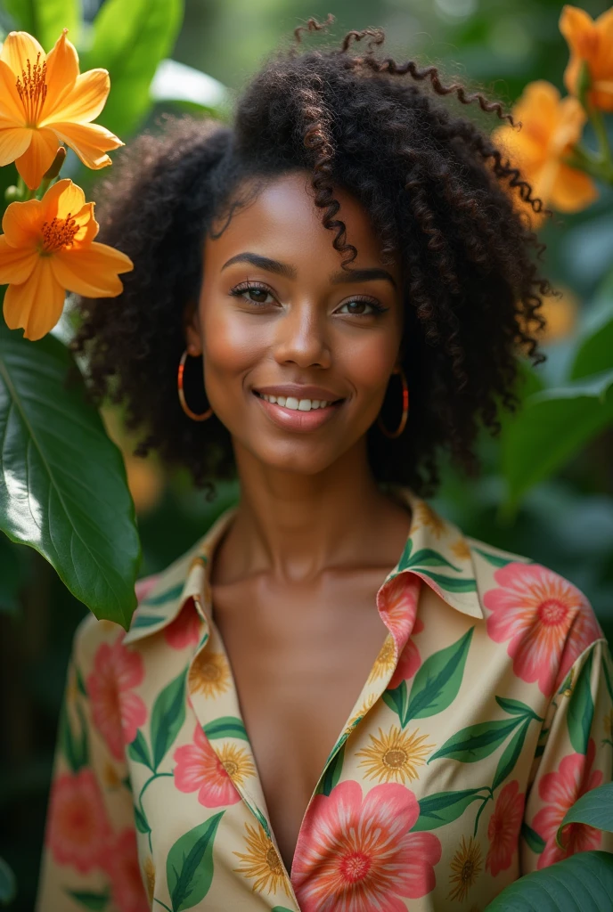 A Brazilian woman in a lush tropical garden, wearing an open shirt with a floral print, with a close-up capturing the harmonious beauty between her breasts and the natural flowers, showing off your natural charm and outgoing personality.