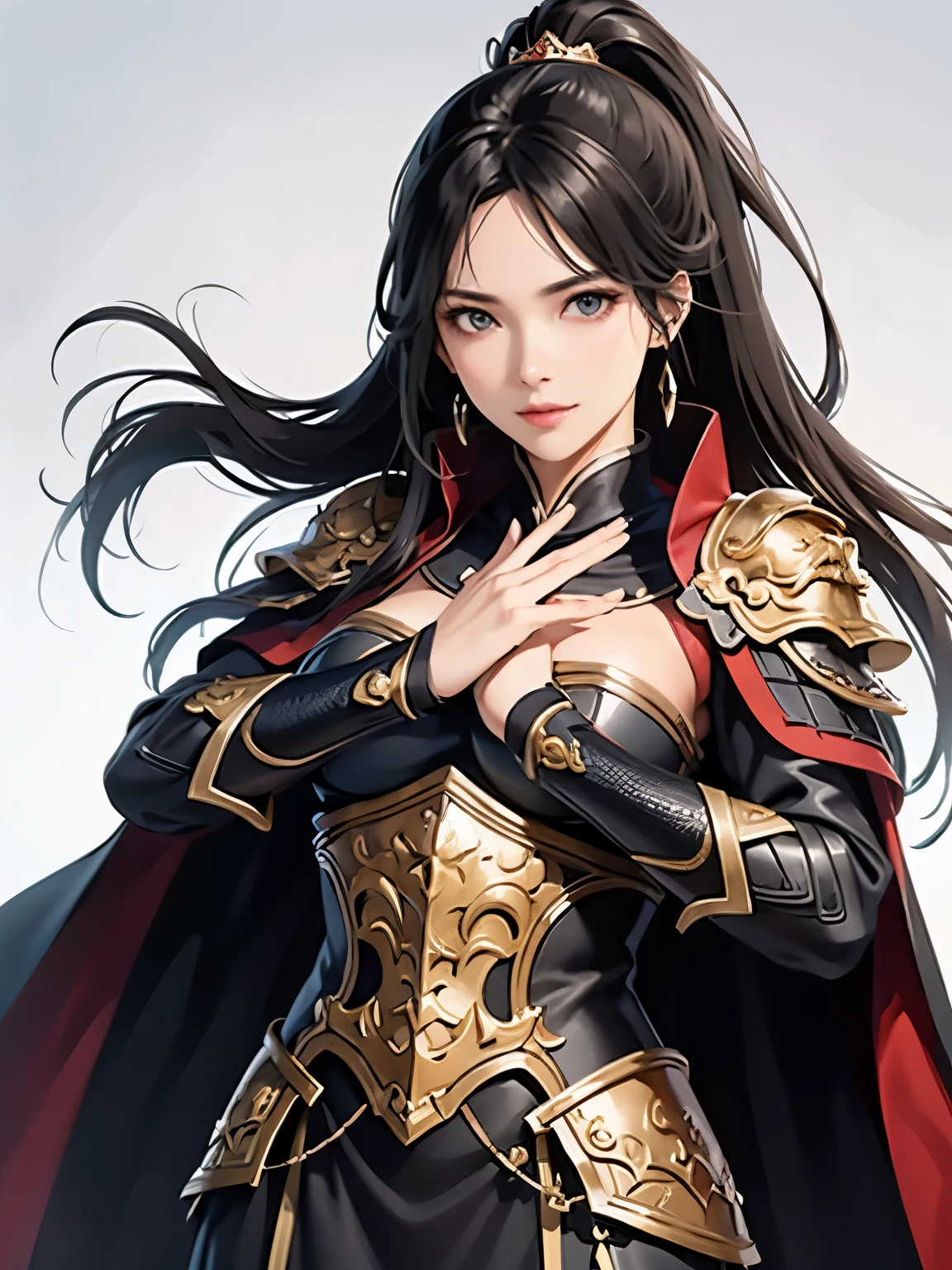 Beautiful black-haired woman :One woman、1.3, Amazing Character Art, Hanfu,(( pure white background)), ( top quality), Beautiful female knight, 2. 5D CGI fantasy artwork, detailed digital art , Very nice work of art, Fan Art Best Art Station , (black velvet long cape),(warrior:1.2)( No Emotion)1.2,Japan、 accurately drawn hands 、 I'm putting my hands on my lower back, facing the front 、 The chest part of her armor is wide open、 chest is exposed、4k、 white background