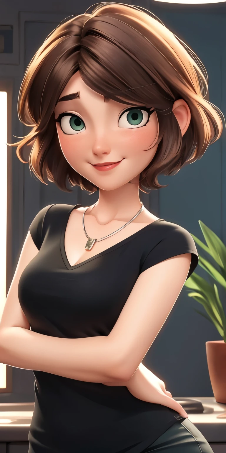 (best quality:1.4),(shiny skin), body focus, (cute face), (((best quality))), illustration, ((Beautiful Finger)), curvy, Beautiful body, Beautiful character design, ,perfect lighting, Colorful, Bright_Front_face_Lighting, ultra high res, highres, absurdres:1.2, bokeh:1.2, lens flare, (vibrant_color:1.2), (Beautiful, medium breasts:1.2), (thick thighs:1.1), THICK, small breasts,
Female animated character, brown hair, mid-length wavy hair, bob cut, big green eyes, pale skin, round face, gentle smile, thin eyebrows, wearing a black top, silver necklace with a pendant, wrinkles, red lips, short hair bob cut hairstyle.