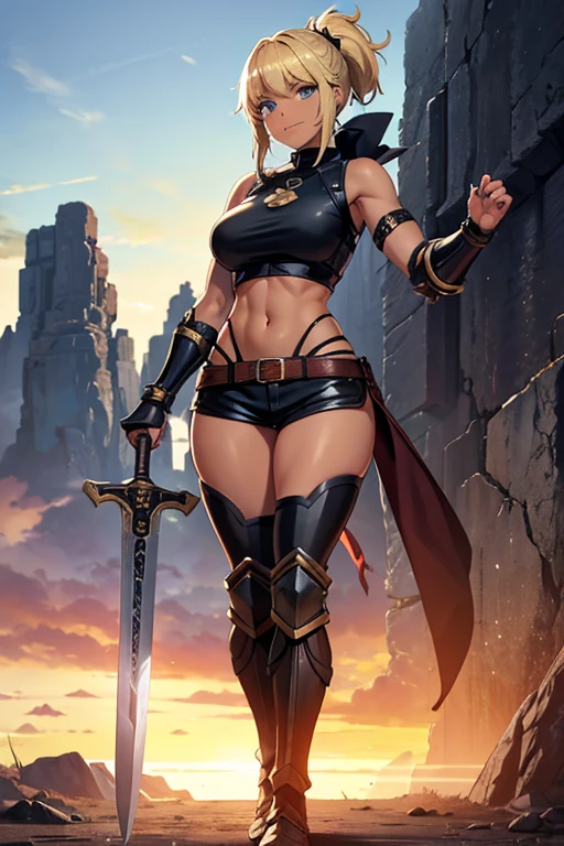 ((Simon Bisley)), Beautiful full-body woman, 30 years old, muscular and perfect body, medieval warrior with little clothing, tiny thong, golden metal bra, arm covered by a metallic armor, large breasts, generous neckline, holding a blood-stained sword, brave face, dark kingdom, sexy pose, walking in a forest