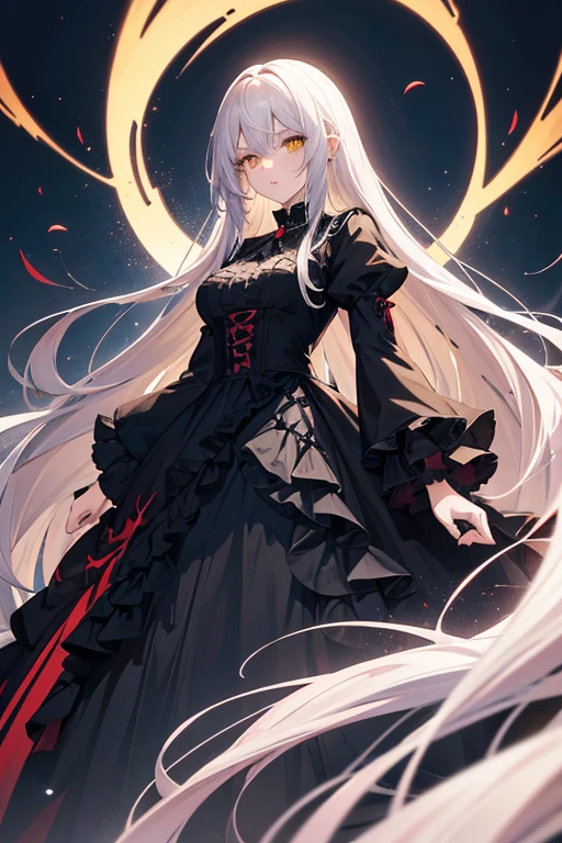 ((((Obra maestra, La mejor calidad, ultrahigh resolution)))), 1girl, standing,), ((long pure brown hair, hair over eye)), long hair cut, shiny skin, ((red eyes)), glowing_eyes, neon eyes, (ultra detailed eyes:0.7, beautiful and detailed face, detailed eyes:0.9), ((centered)), smirk, facing viewer, ((vibrant background, dark lighting, summer, sunlight)), large chested, looking at viewer, ((half closed eyes)), ((perfect hands)), (((head:1, arms, hips in view, elbows, in view))), ((hands behind back)), empty eyes, beautiful lighting, ((outside, outdoors)), defined subject, head tilt, (((gritty)), ((creepy)), ((cool)), ((beautiful)), (((SFW))), hair ornament, petals in the air, moon in the sky, city, mature woman, adult woman, sfw, pink and white dress, night dress, she is a princess
