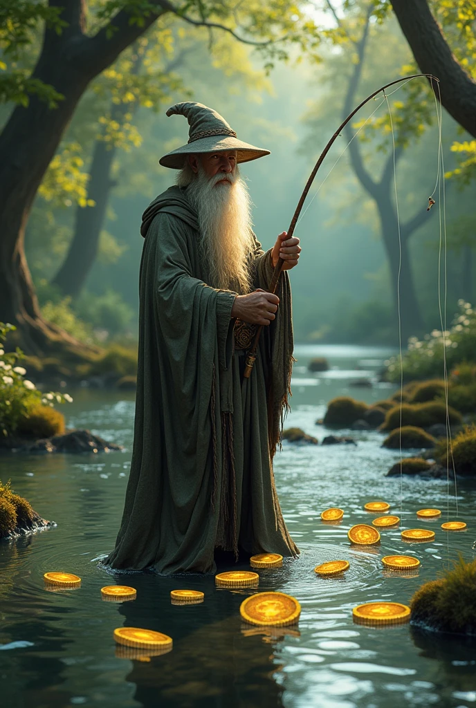The wizard is fishing in nature and 8 coins - SeaArt AI