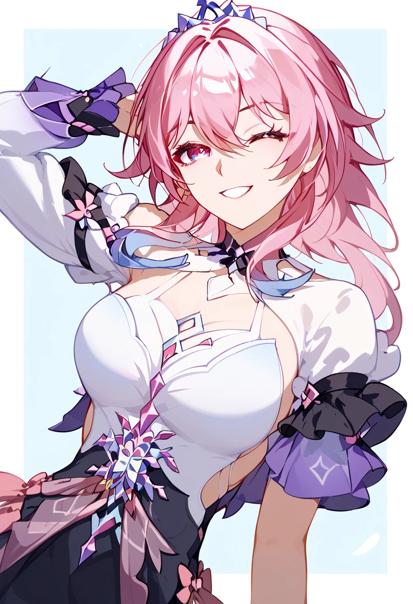 honkai star rail inspired 、25 year old woman、medium breasts、slender body、random pose,random expression、sexy Lip、random mouth,Translucent skin， the skin is fair 、Moist eyes、Gentle eyes、Gentle look, Alone, smile,close mouth,
BREAK
Business shirts、black Skirt、office、open eyes,pink hair