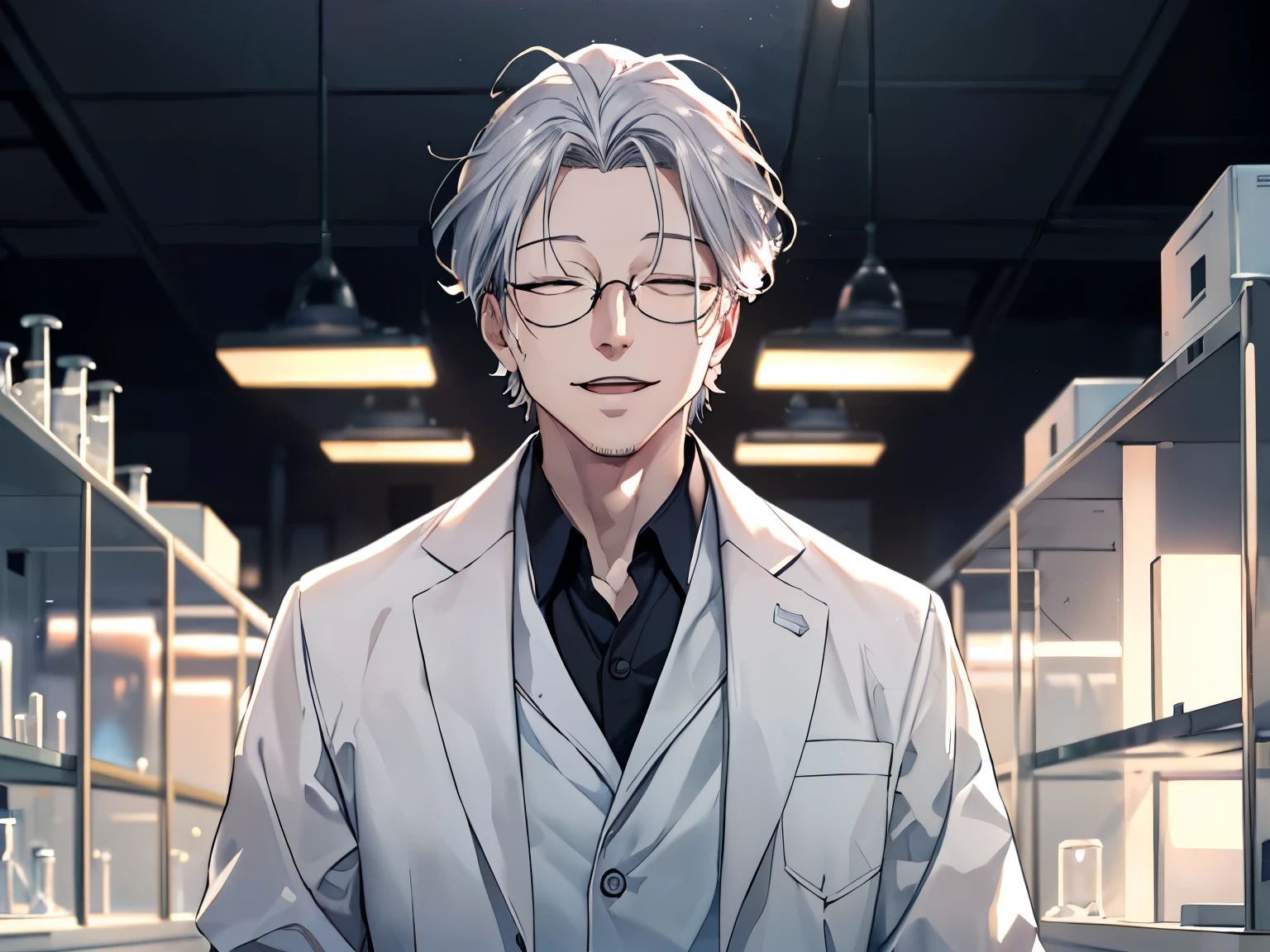 ((benevolent)), (gentle smile, slightly open mouth), 1 male, (upper body), (((closed eyes, ((tareme))))), ((forehead)), (gray hair), (white coat), cinematic lighting, dramatic lighting, Sharp Focus, (Best Quality, masterpiece, detailed, facial focus), (in the laboratory),  researcher, glasses, [old man, elderly]