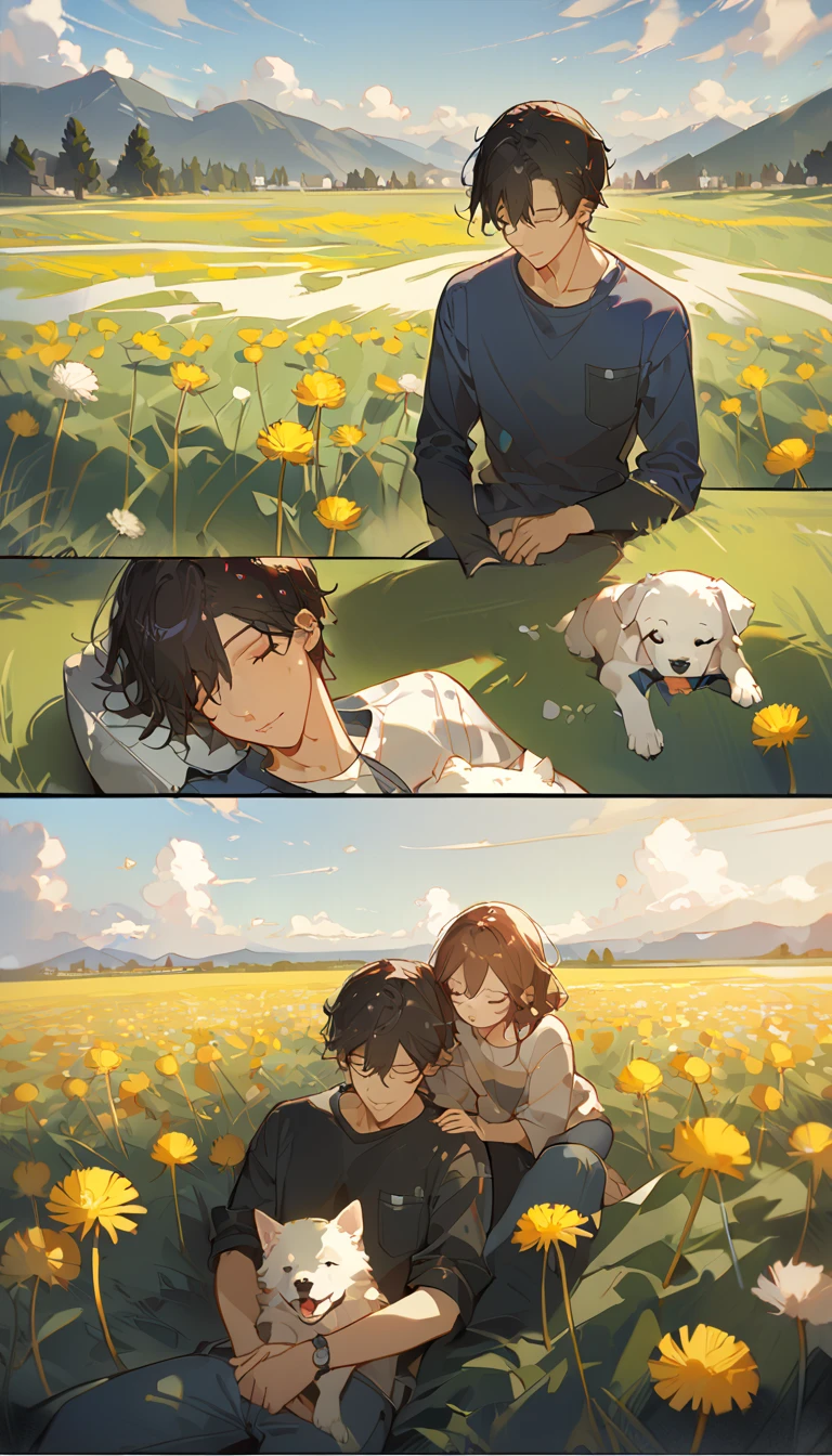 masterpiece, best quality, 8k, 4k, 1boy, , sleeping, dark blue hair with red stripes, blue long sleeve shirt, short pale brown pants with pocket, lay down on the field,  white puppy sleeping next to the boy, siberian white puppy, white dandelions fields, dandelions Taraxacum erythrosperm, wind blowing, sleeping on the fields, finely detailed eyes and detailed face, inspired by Asukaziye artist : ask, art style : ask