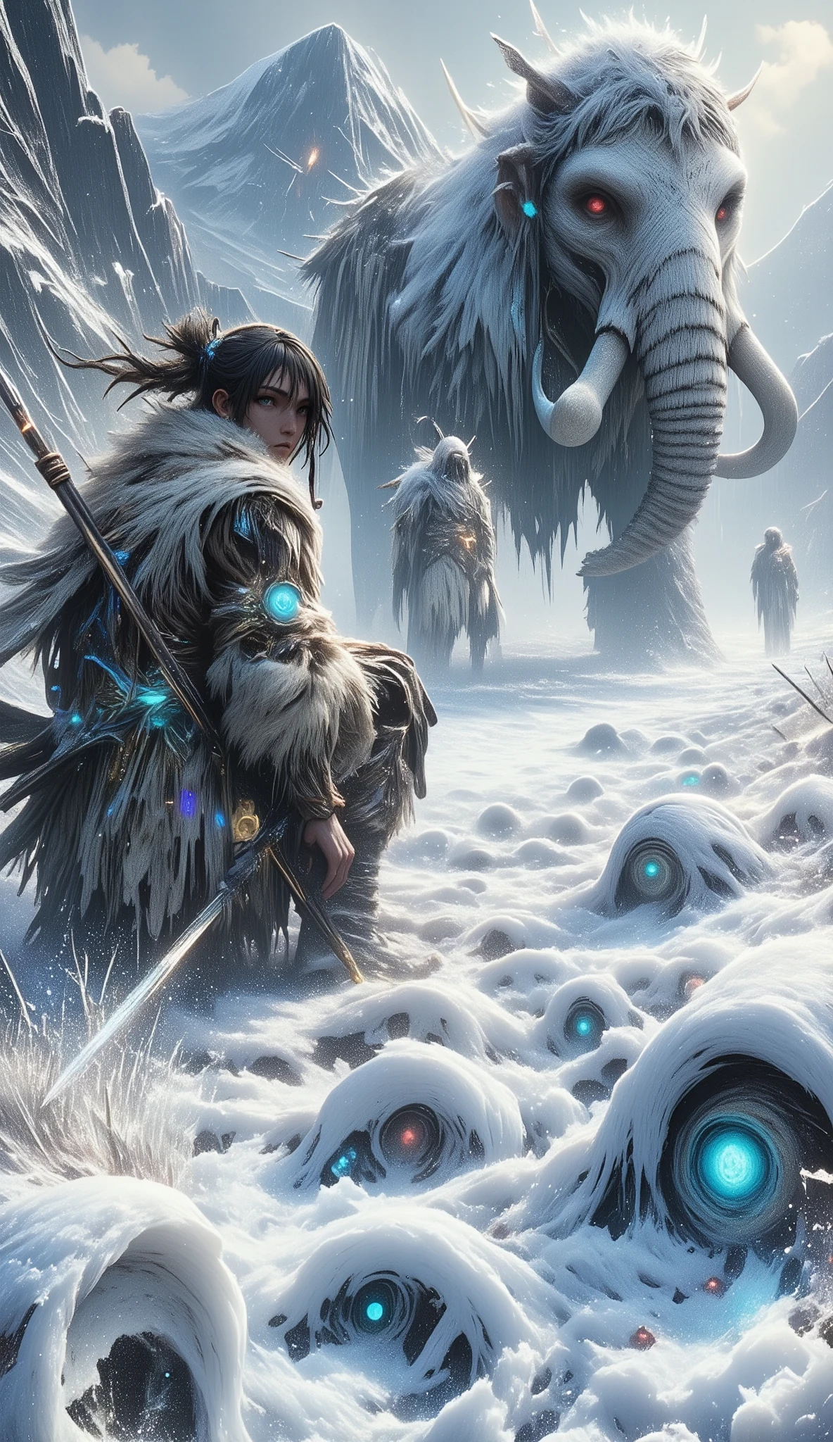 a prehistoric hunter in fur clothing, following mammoth tracks in the snow: 1.51, stands with his back to the camera with his spear, crouching down looking at mammoth tracks: 1.5, detailed environment, realistic, photorealistic, photorealistic: 1.37, best quality, 4k, 8k, high resolution, masterpiece: 1.2, ultra-detailed realistic snow texture, detailed snowscape, dramatic lighting, cinematic compositing, (best quality, 4k, 8k, high resolution, masterpiece: 1.2), ultra-detailed, sharp focus, (realistic, photorealistic, photorealistic: 1.37), dramatic lighting, moody lighting, cinematic lighting, chiaroscuro lighting, dramatic shadows, dramatic moments, vivid colors, intense colors, deep contrast, cinematic depth of field, cinematic composition, cinematic camera angle