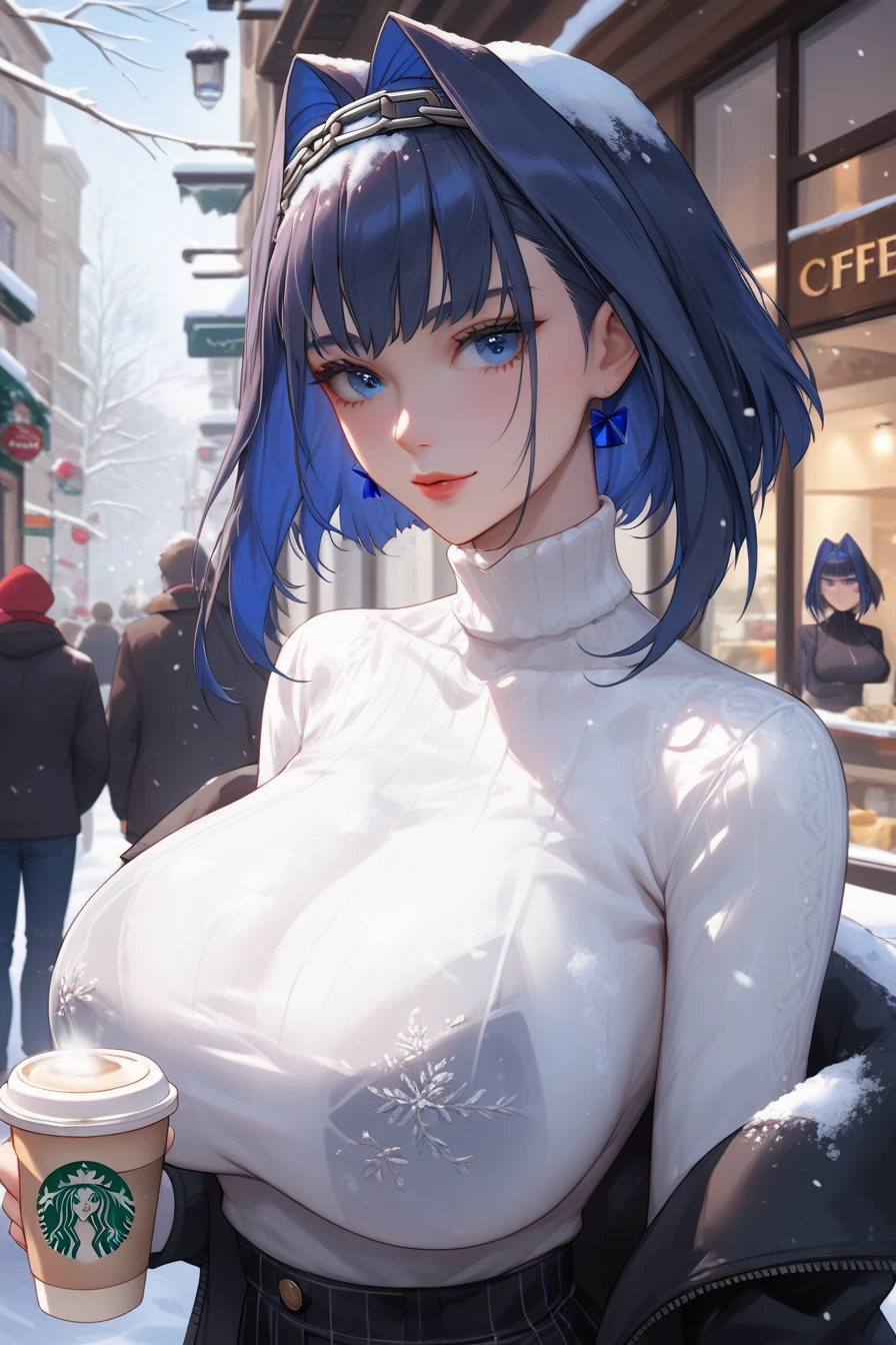 hololive, Ouro Kronii ,  blue eyes , short blue hair,  huge breasts,  elegant translucent white shirt, open winter cover , sitting, French coffee shop ,  background of people walking in a French Quarter, Close up image, focus on the face, th3rm4l , colorful, thermal , perfecteyes, upper body, snowy,