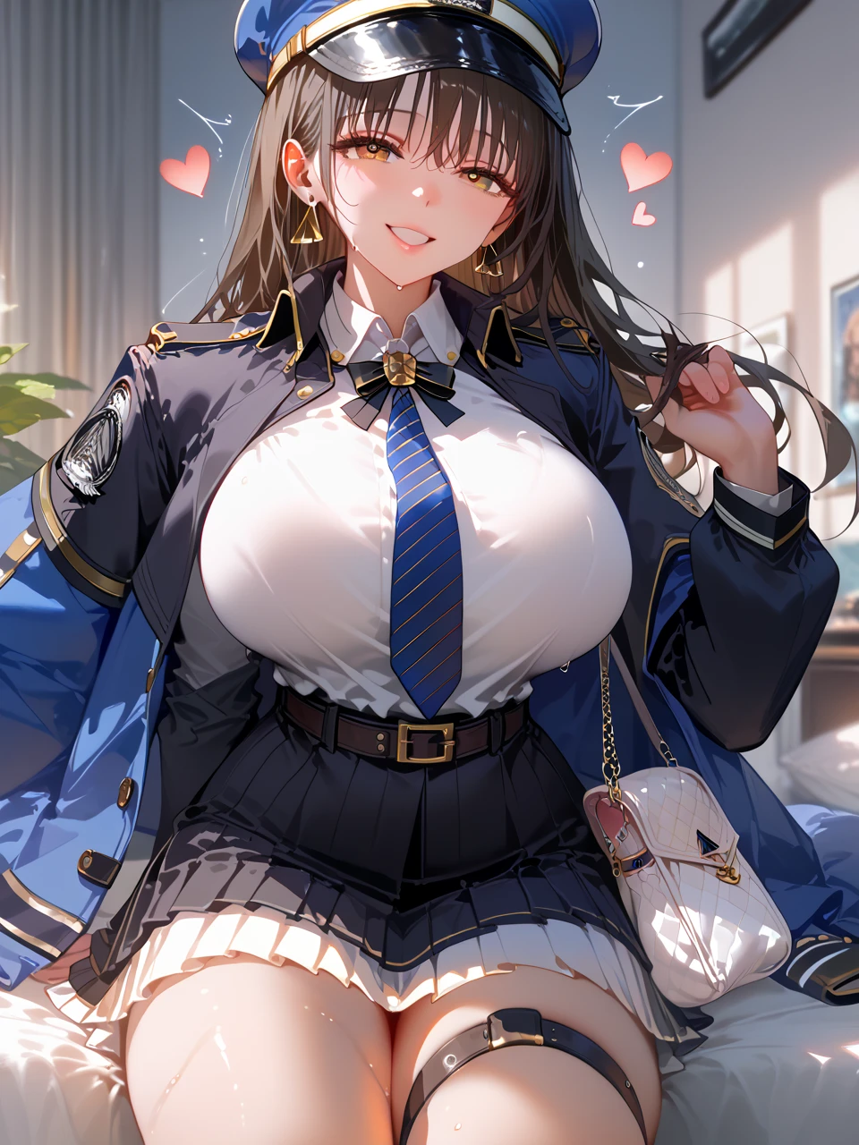         top quality,         top quality,      high quality pictures       ,     Masterpiece   ,          Ultra high resolution   ,         detailed background ,         absurd,       perfect anatomy     ,         performance   ,  good lighting ,     Photo Gallery     ,         1 girl,Diesel 、 Brown Eyes ,  black hair ,  long hair, bangs,  Big Breasts , Peaked Cap,  earrings for a woman alone　Blue coat, Coat on shoulders,   Military Uniform  ,  black jacket ,  white shirt,  colored shirt ,  blue tie,  pleated skirt , White Skirt, belt, White handbag,  thigh strap to hide one ear,  Knee-High Boots 、 huge breasts、Sweaty body、Moving lines、  orgasm、 Seductive Smile , Hearts in eyes, 