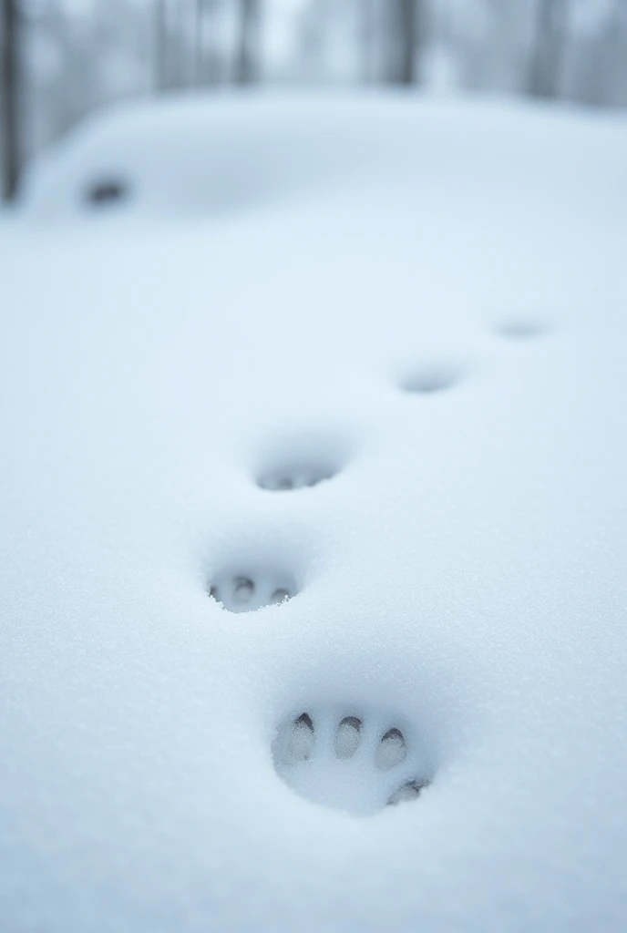 Cat paw prints clearly visible in the fluffy snow, This is cute fantasy art that looks like a fairy tale picture book, artistic photography, hyper realistic, ultra detailed, absolutely resolution, masterpiece