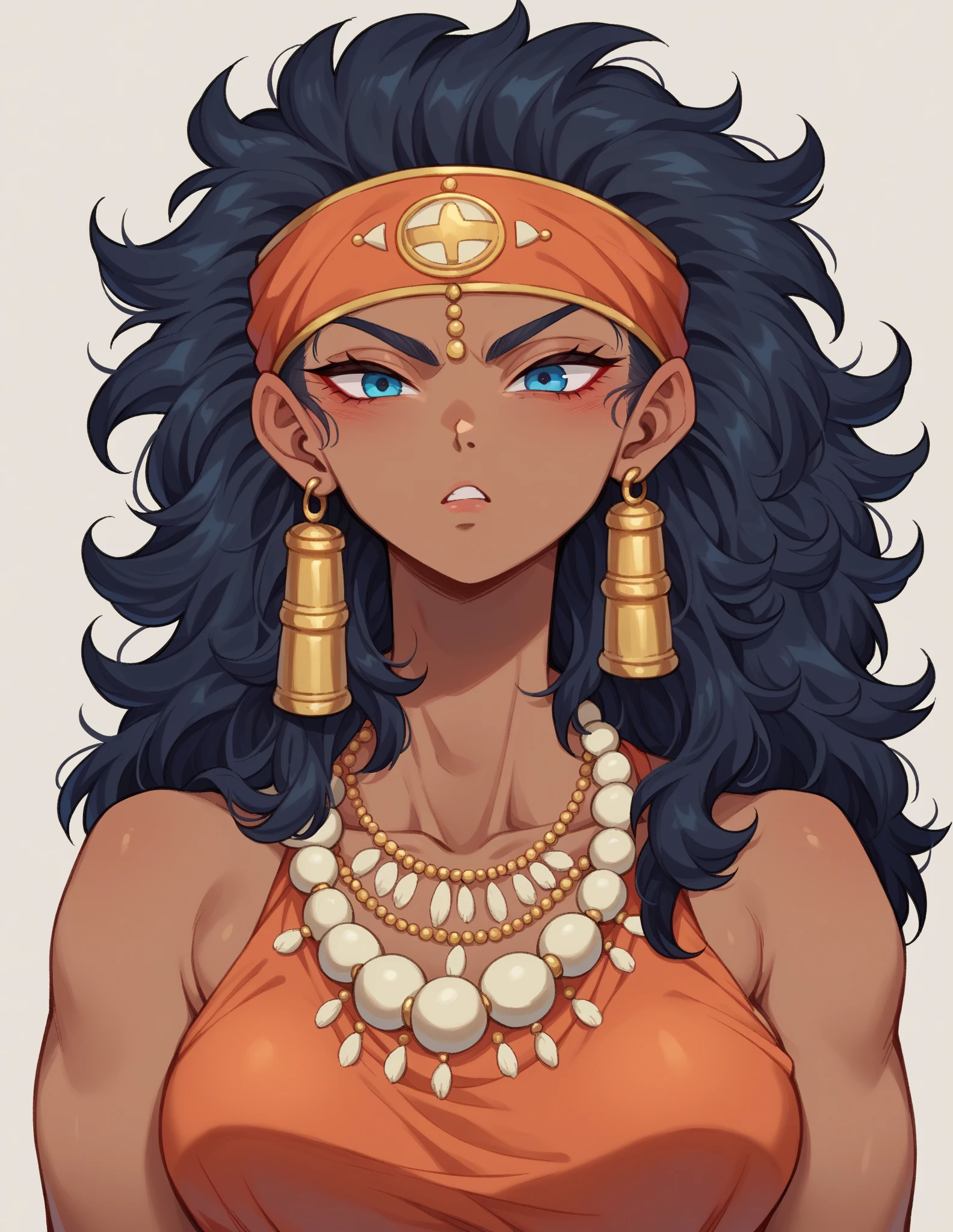 A highly detailed depiction of an indigenous tribal warrior woman inspired by the Karinga tribe from the Dragon Ball universe. She has long, curly black hair that falls down her back, emphasizing her strong, natural beauty, and earthy tones such as brown, necklaces, and a headband with ornamental designs. The overall look combines fantasy anime style with indigenous tribal elements. DRAGON BALL style, straight hair, mischievous face, black skin, dark skin