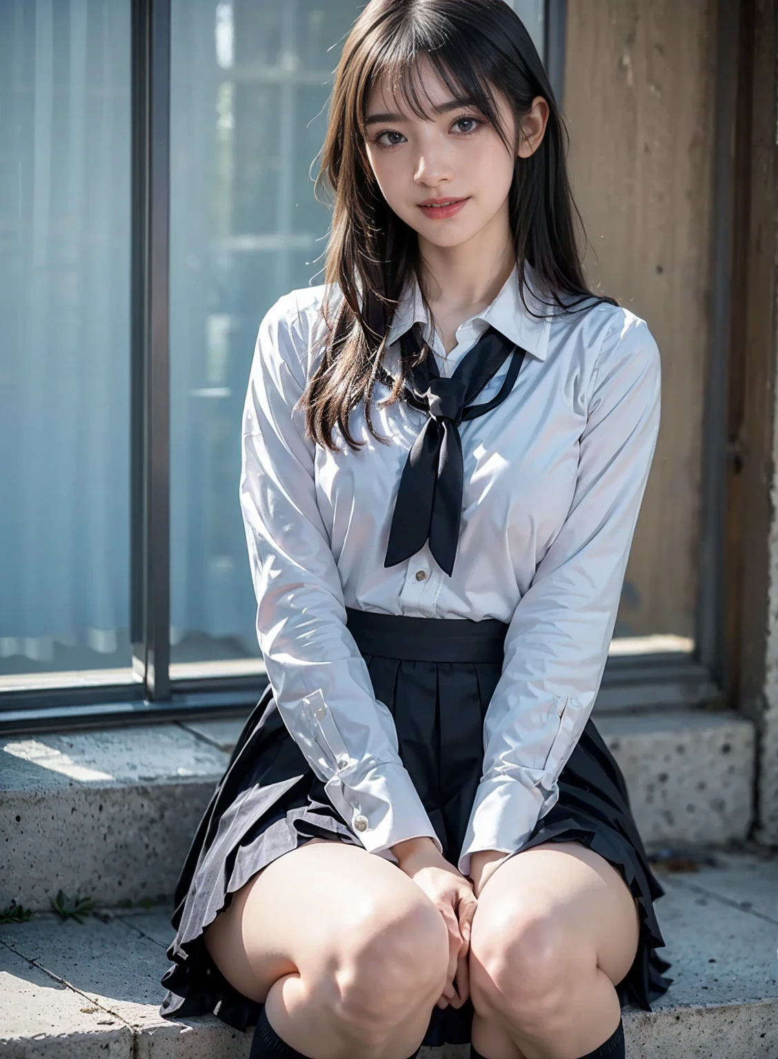 (Realistic, photo Realistic:1.2), ((Highest quality)), moving her center of gravity back, Quite embarrassing, White panties, (Showing panties:1.4),Tight Skirt, (Under the skirt:1.3), (Lift up your skirt:1.3), (Squat:1.4), Place your heels on the ground, Please spread your legs a little, 膝を上げてSquat, Put your butt on the ground, Black Penny Loafers, Beautiful facial details, Real human skin, Gentle expression, Front view, angle From below, Realistic, photoRealistic, cute, Short skirt, Squat deep on school grounds, cute school girl, Japanese school girl uniform, Sailor suit, whole body,smile, 自然なsmile, cutesmile, 魅惑的なsmile, (View your viewers:1.2), from the front, From below,